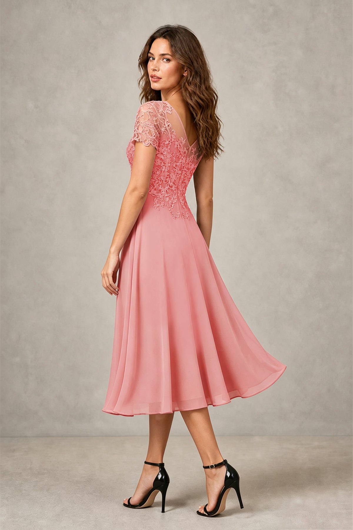 BOLODOO Steel Coral Beaded Lace Illusion Bodice Chiffon Tea-Length Dress | Mother of the Bride & Cocktail Party - Coral