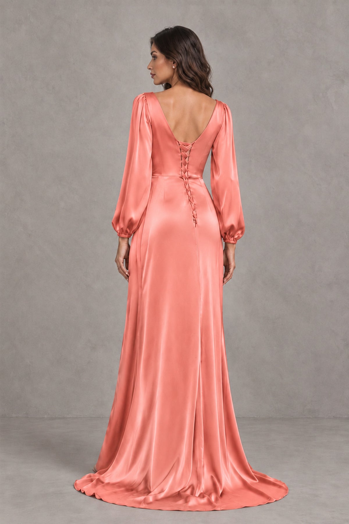 BOLODOO Coral Satin-Look Long Sleeve Evening Dress with High Slit - Coral - Coral_2