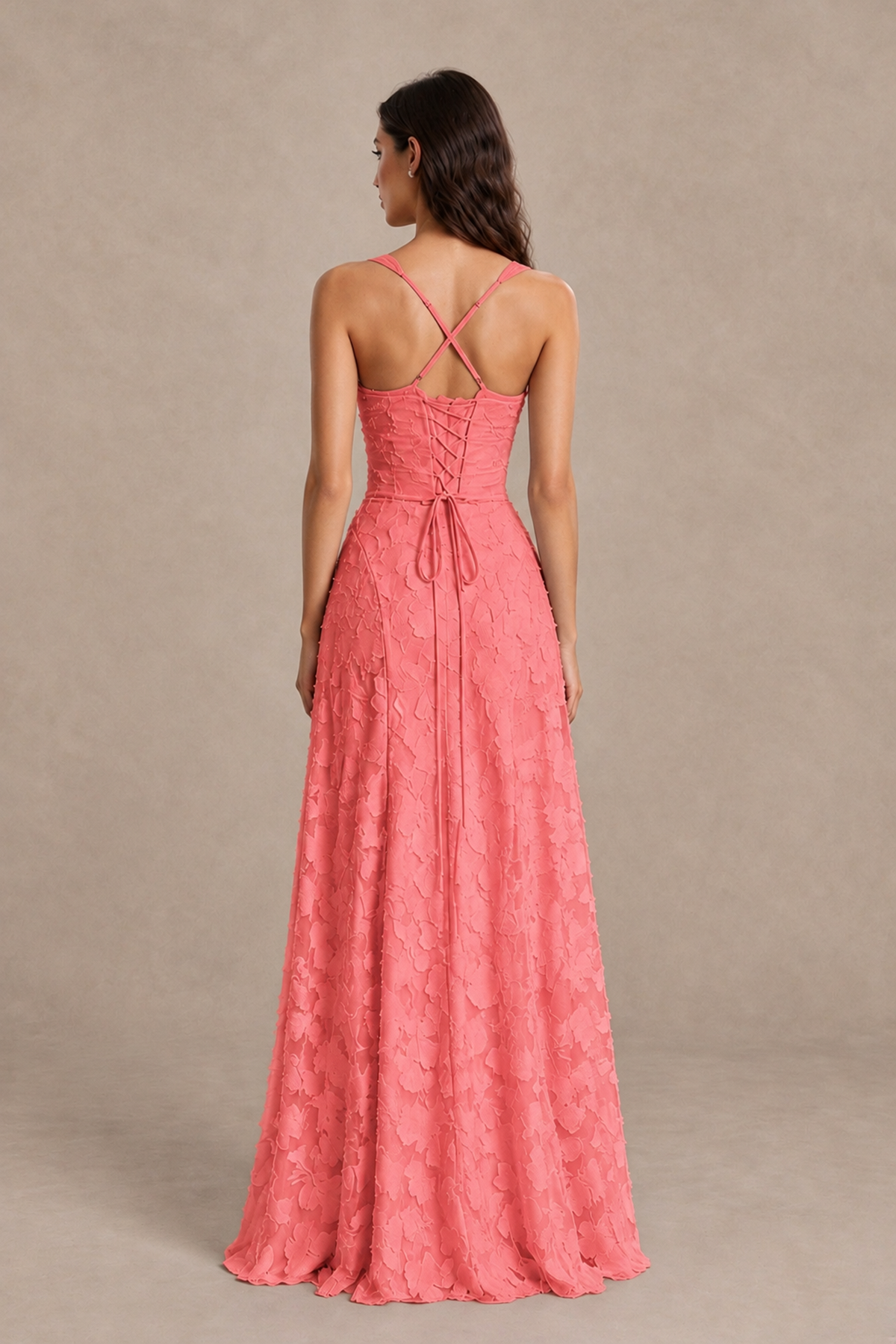 BOLODOO Coral Floral-Textured A-Line Dress with Lace-Up Back - Coral - Coral_2