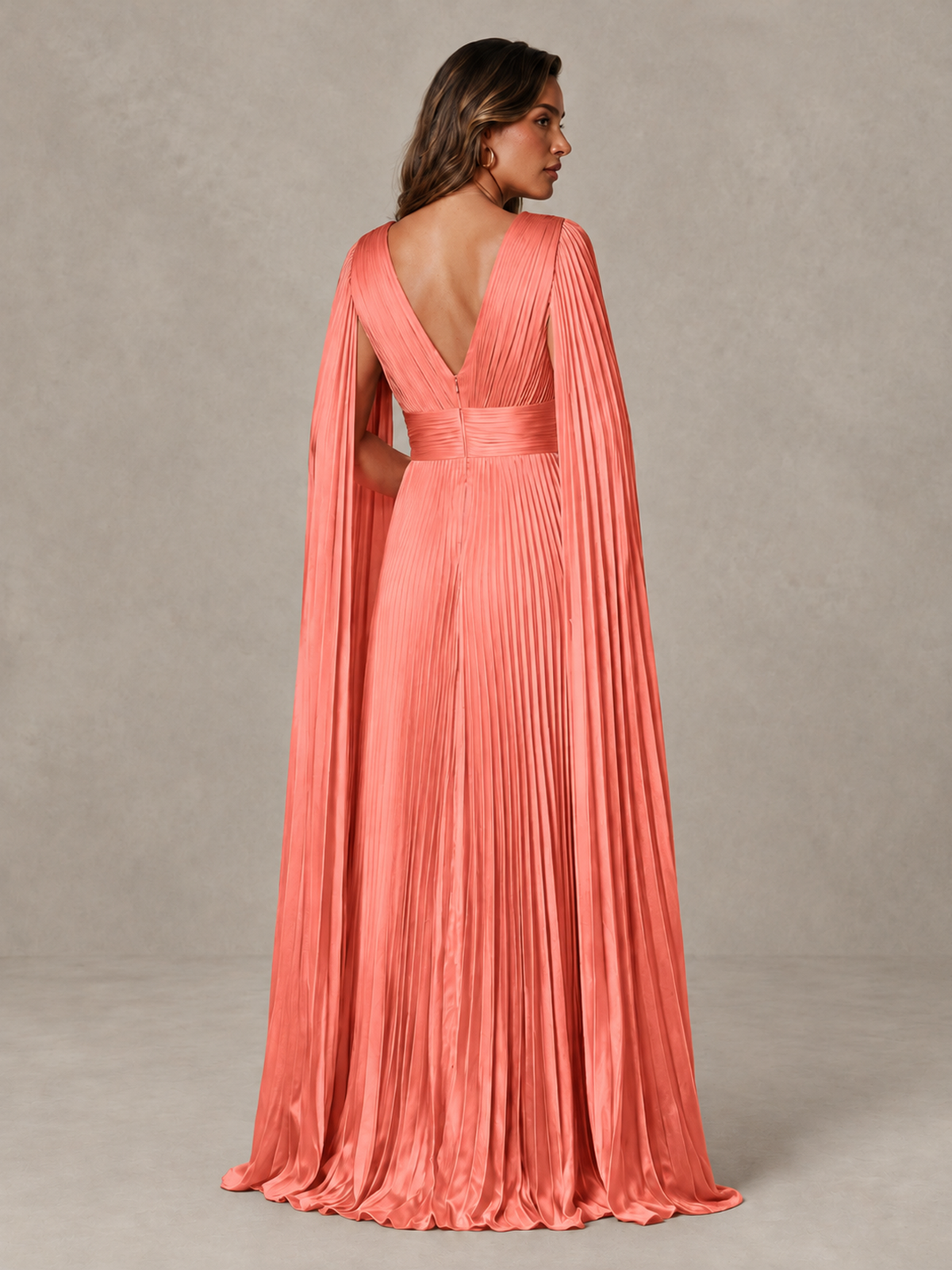 BOLODOO Coral Deep V-Neck Pleated Cape Sleeve Evening Gown - Coral - Coral_2
