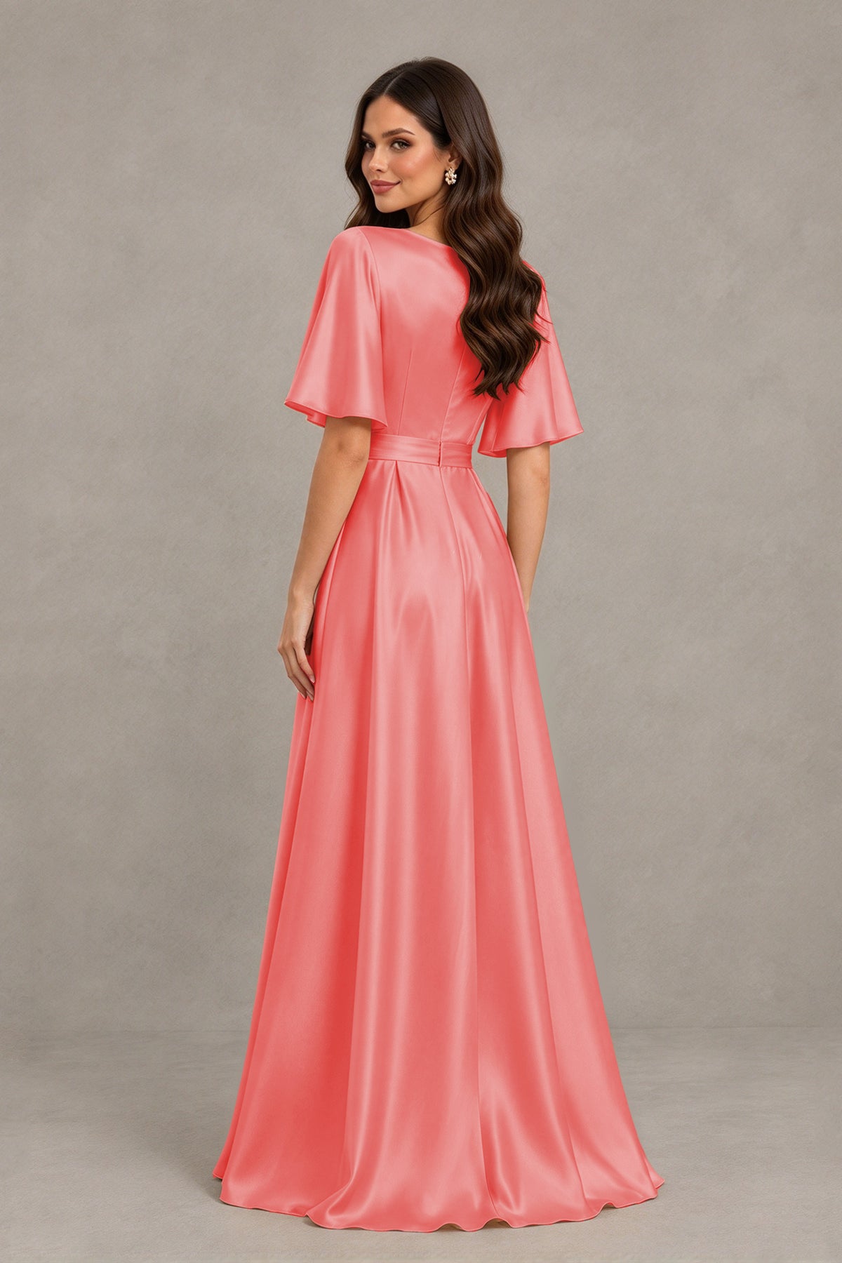 BOLODOO Coral Satin V-Neck Flutter Sleeve Bridesmaid Dress with Slit - Coral - Coral(2)