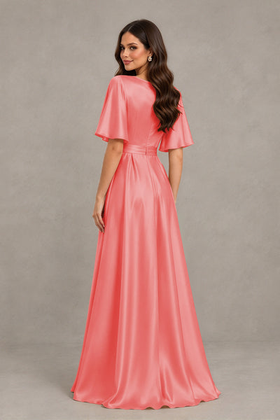 BOLODOO Coral Satin V-Neck Flutter Sleeve Bridesmaid Dress with Slit - Coral - Coral(2)