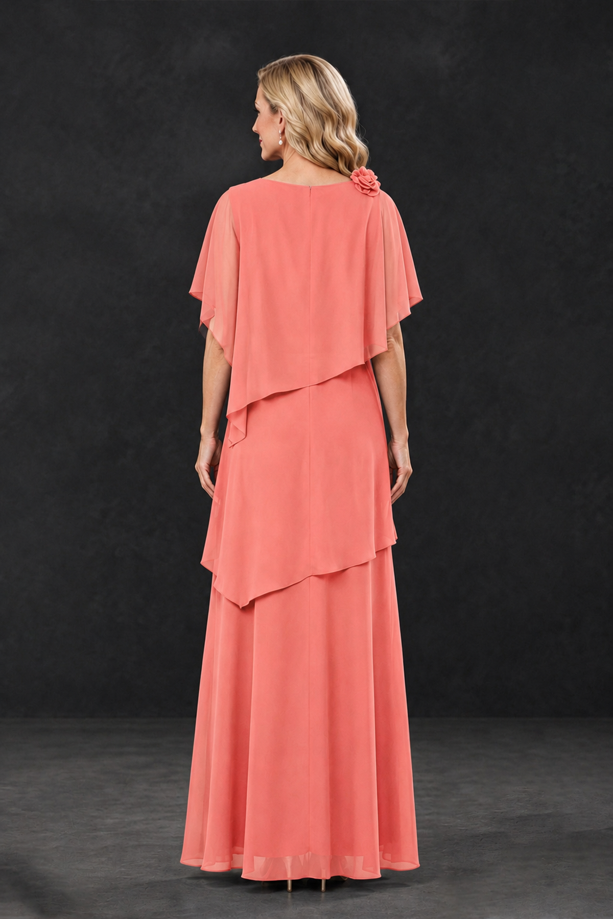 BOLODOO Coral Tiered Flutter Sleeve Mother of the Bride Maxi Dress - Coral - Coral_2