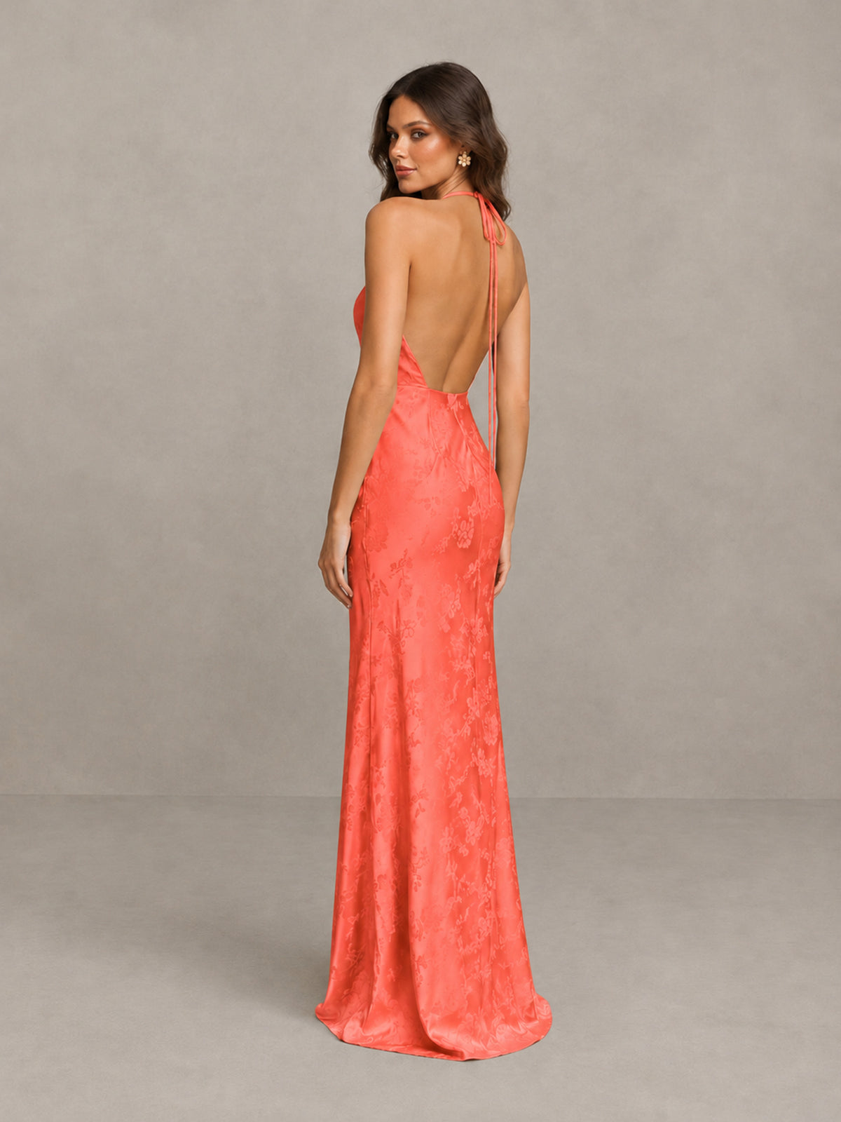 BOLODOO Coral Floral Satin Open-Back Bridesmaid Dress - Coral - Coral_2