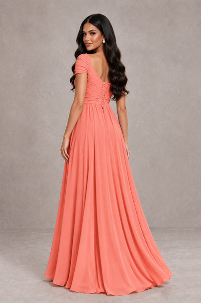 BOLODOO Coral Cold Shoulder Chiffon Evening Dress with V Neck and High Slit - Coral - Coral_2