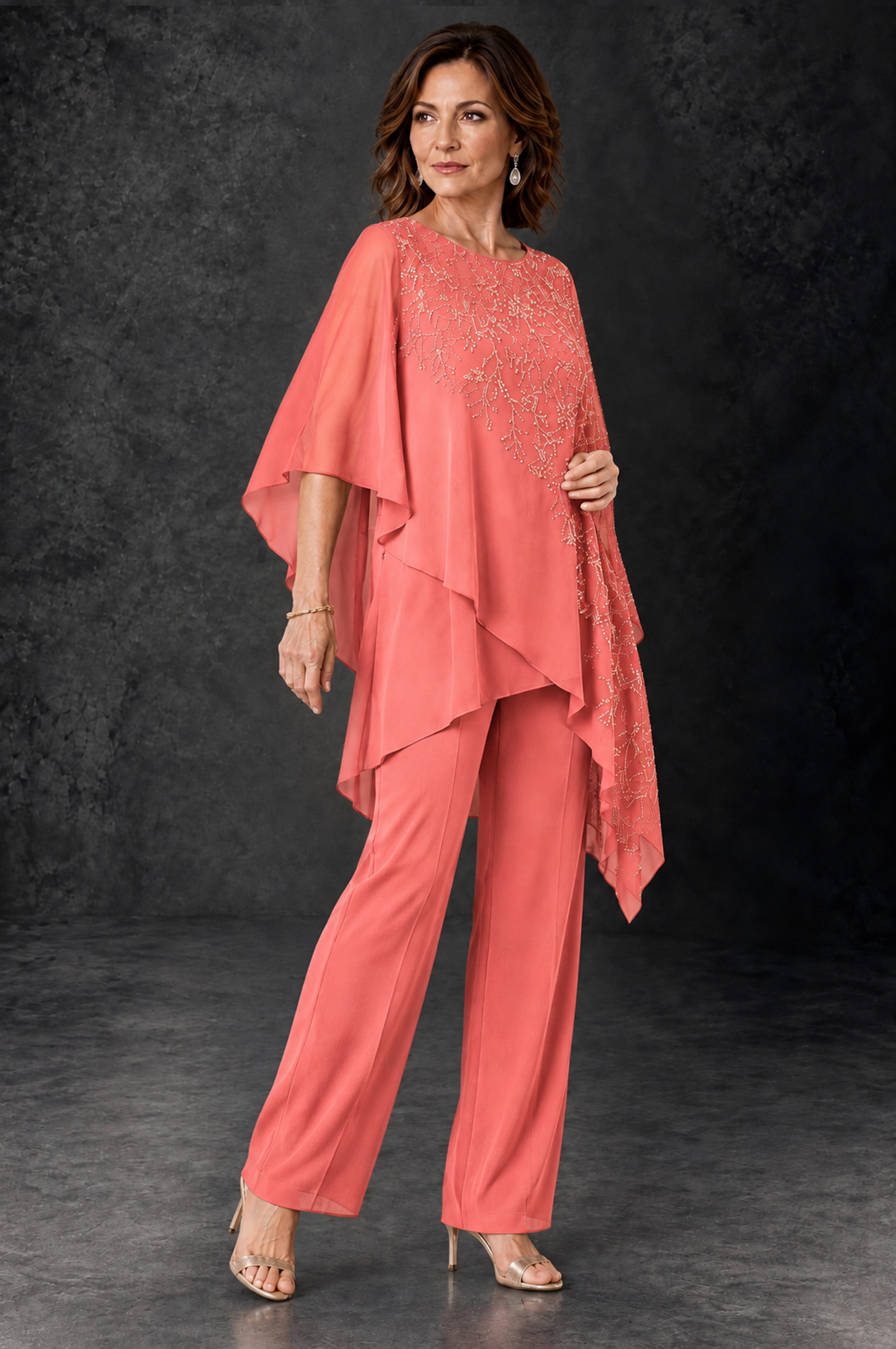 BOLODOO Coral Embellished Cape Pant Suit for Mother of the Bride - Coral - Coral_2