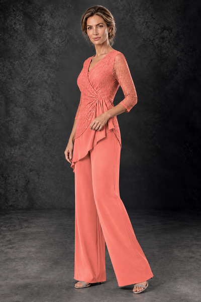 BOLODOO Coral Sequin Lace 3/4 Sleeve Chiffon Mother of the Bride Pant Suit - Coral - Coral_2