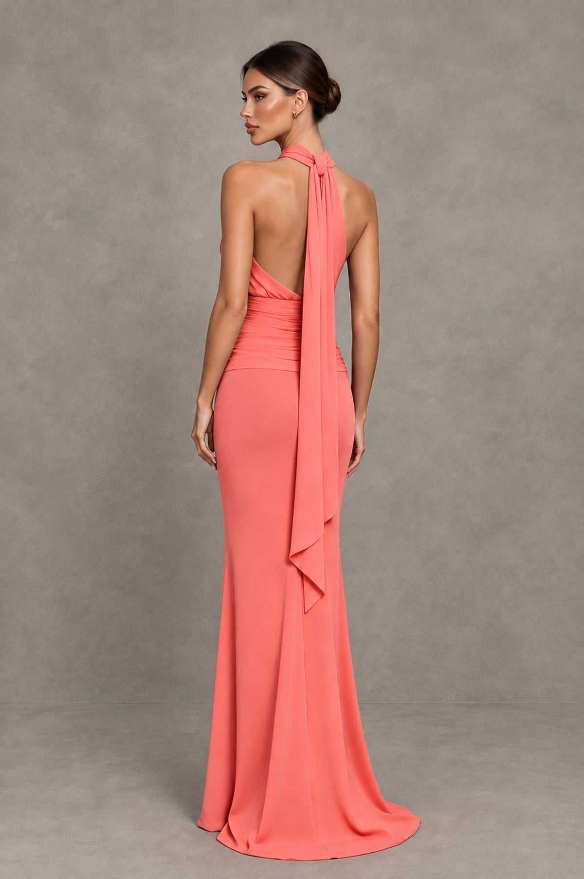 BOLODOO Coral Chiffon Halter Maxi Formal Wedding Guest Dress - Coral - Coral_2