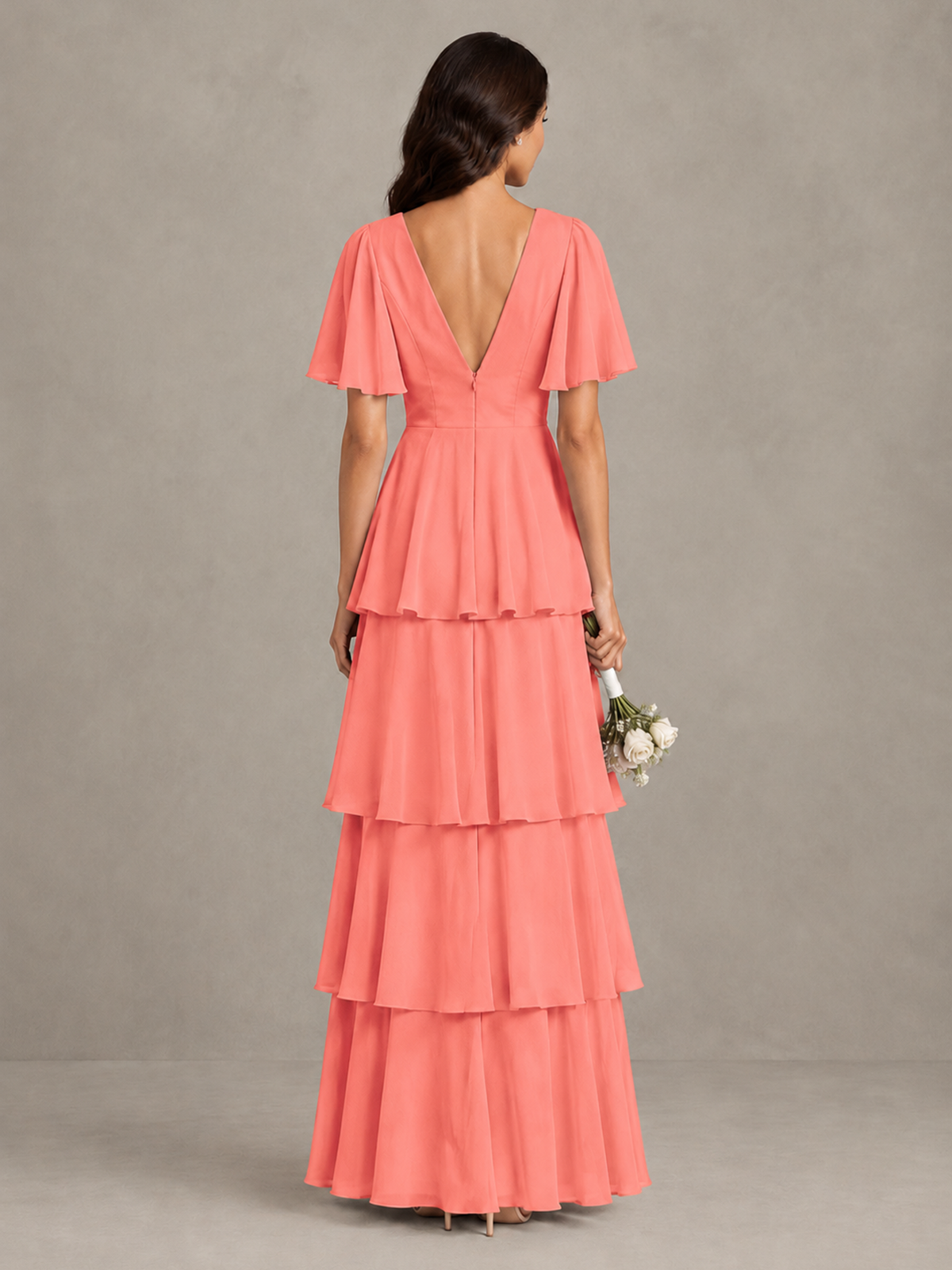BOLODOO Coral Tiered Flutter Sleeve Bridesmaid Dress - Coral - Coral_2