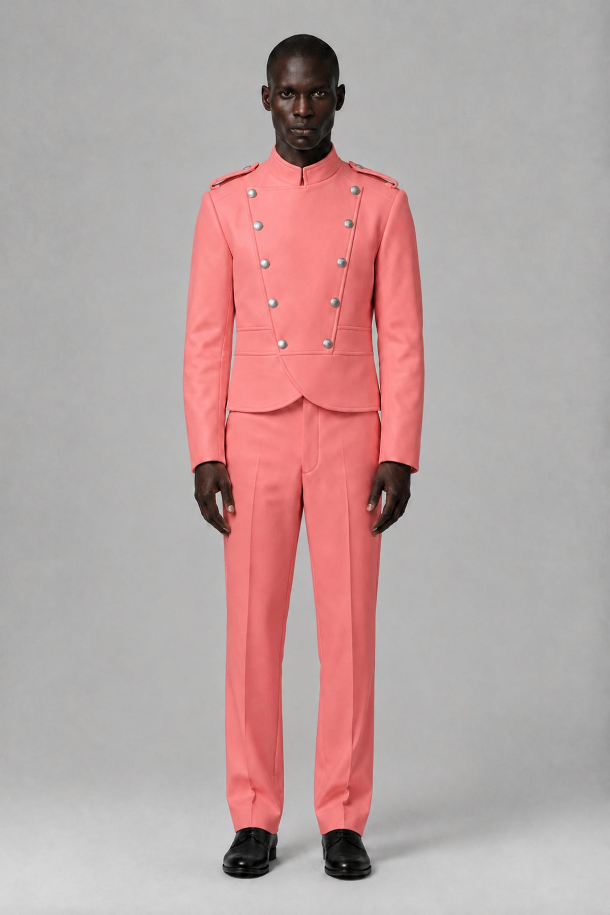 Bolodoo Men's Coral Military-Inspired Two-Piece Suit with Stand Collar - Coral - Coral_2