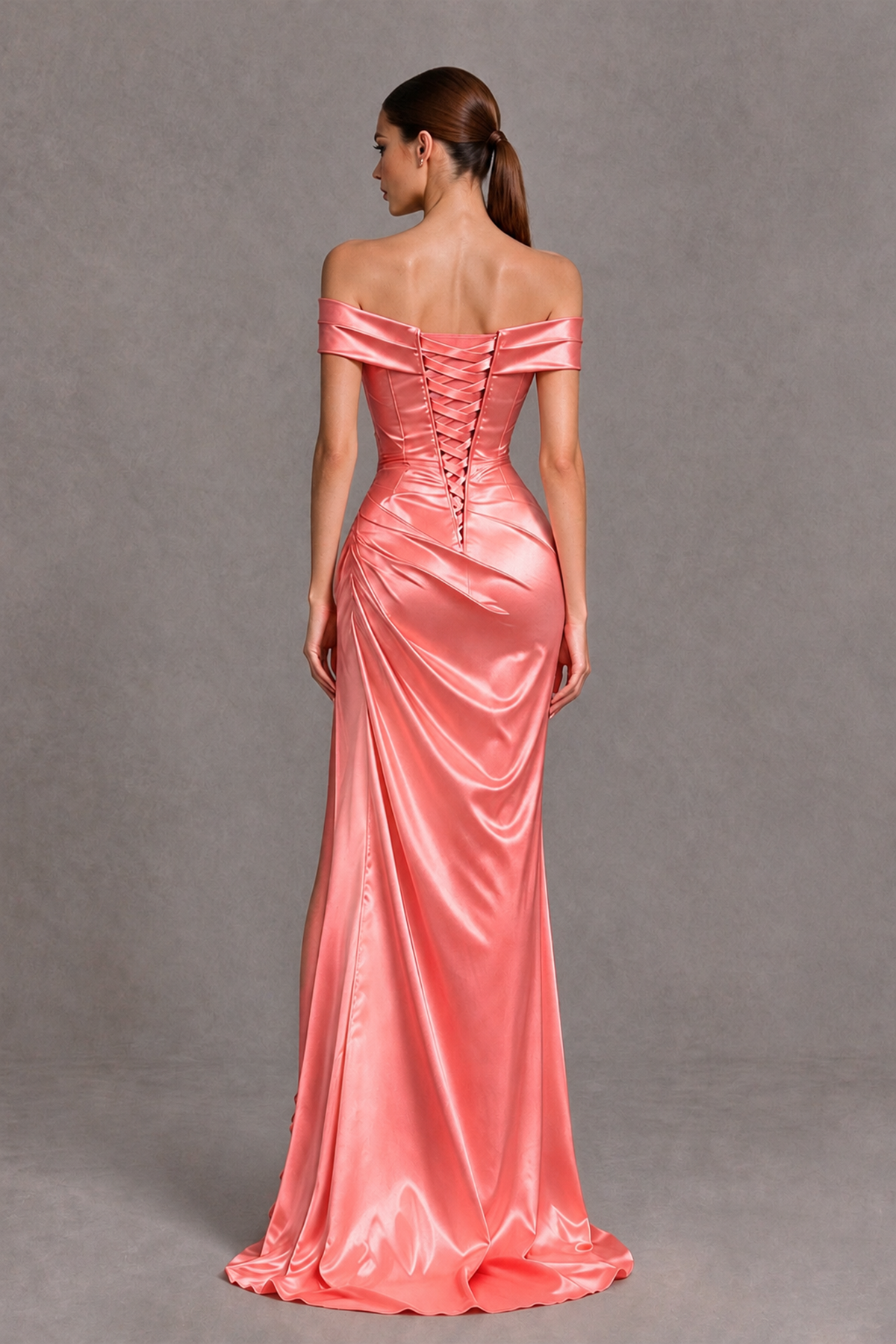 BOLODOO Coral Off-the-Shoulder Ruched Satin Prom & Evening Dress with High Slit - Coral - Coral_2