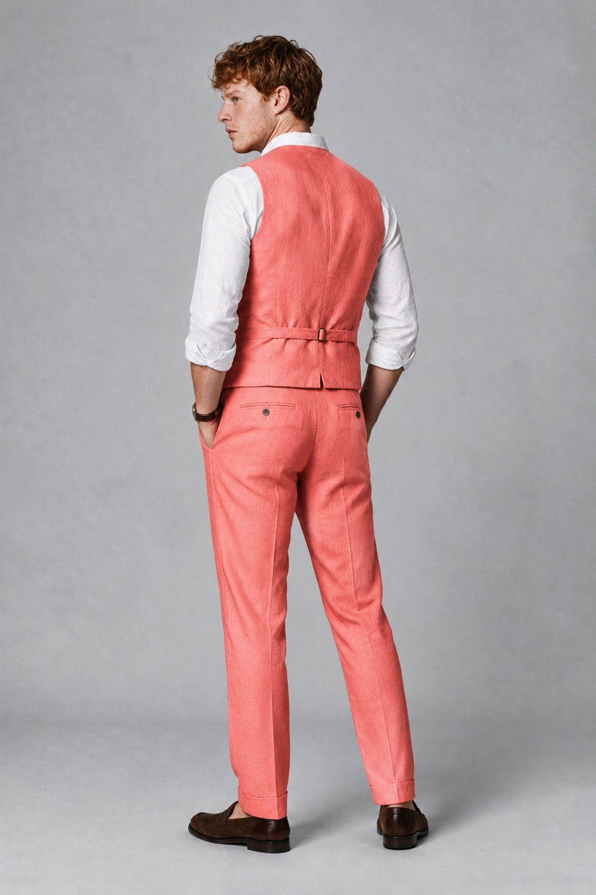 Bolodoo Men's Coral 2-Piece Vest and Pants Set with V-Neck Waistcoat - Coral - Coral_3
