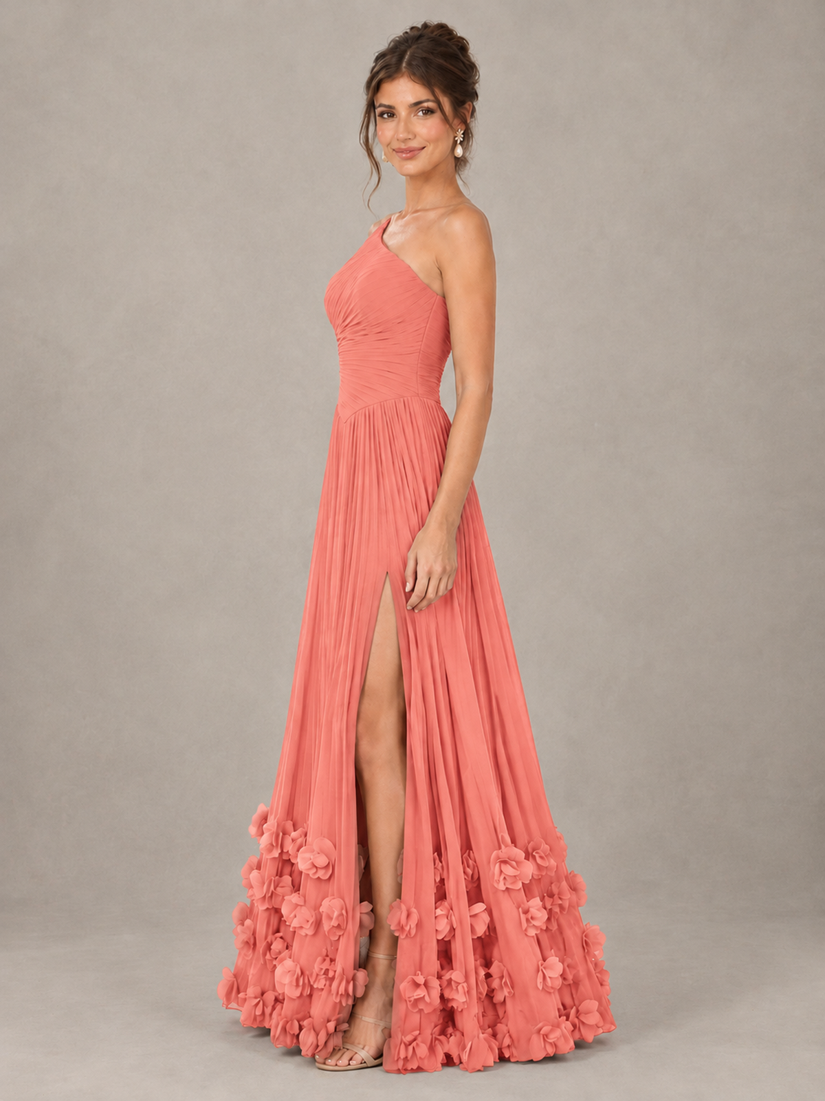 BOLODOO Coral One-Shoulder Pleated Bridesmaid Dress with 3D Floral Hem - Coral - Coral_3