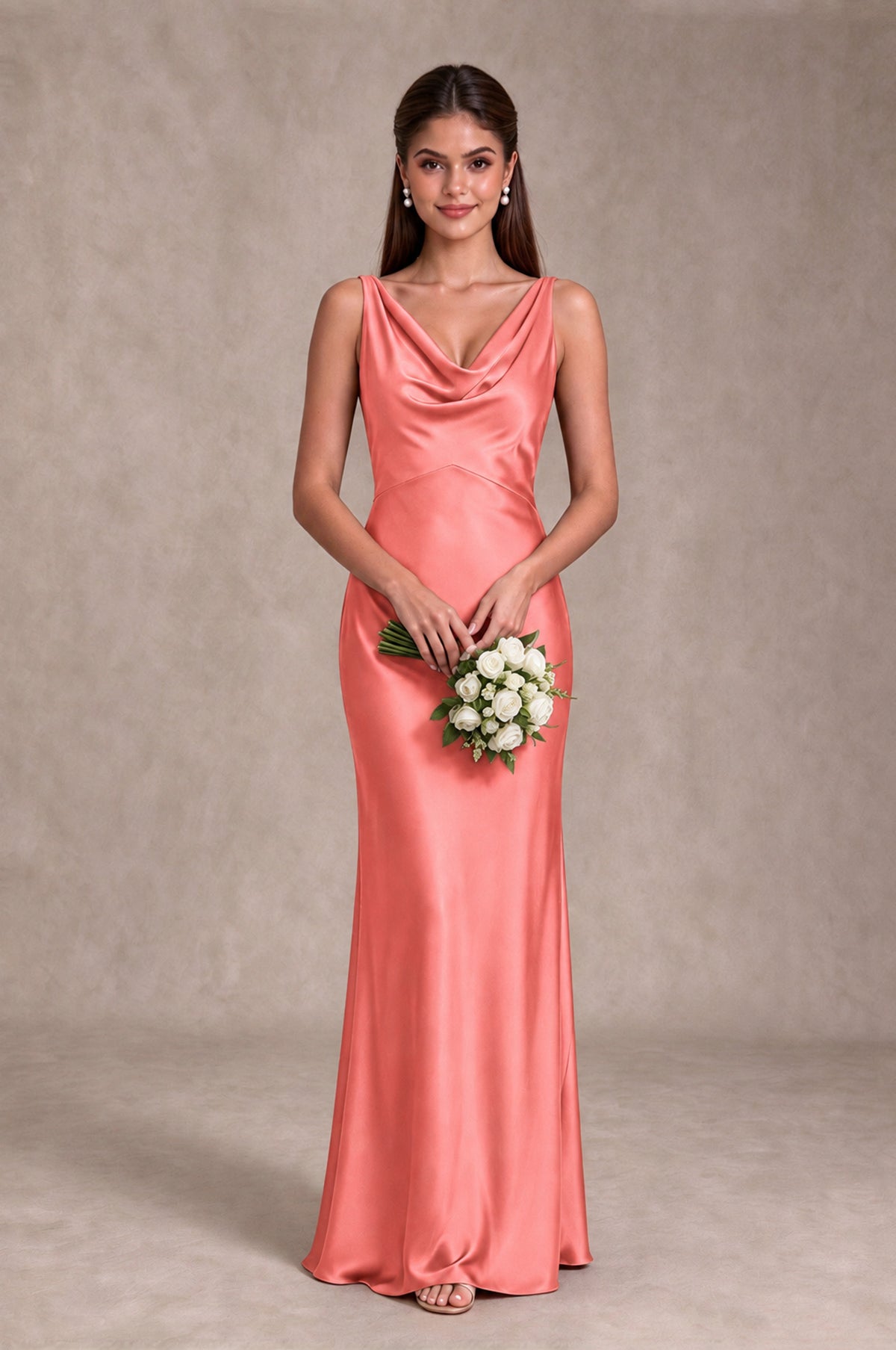 BOLODOO Coral Cowl Neck Open Back Satin Bridesmaid Dress - Coral - Coral_3
