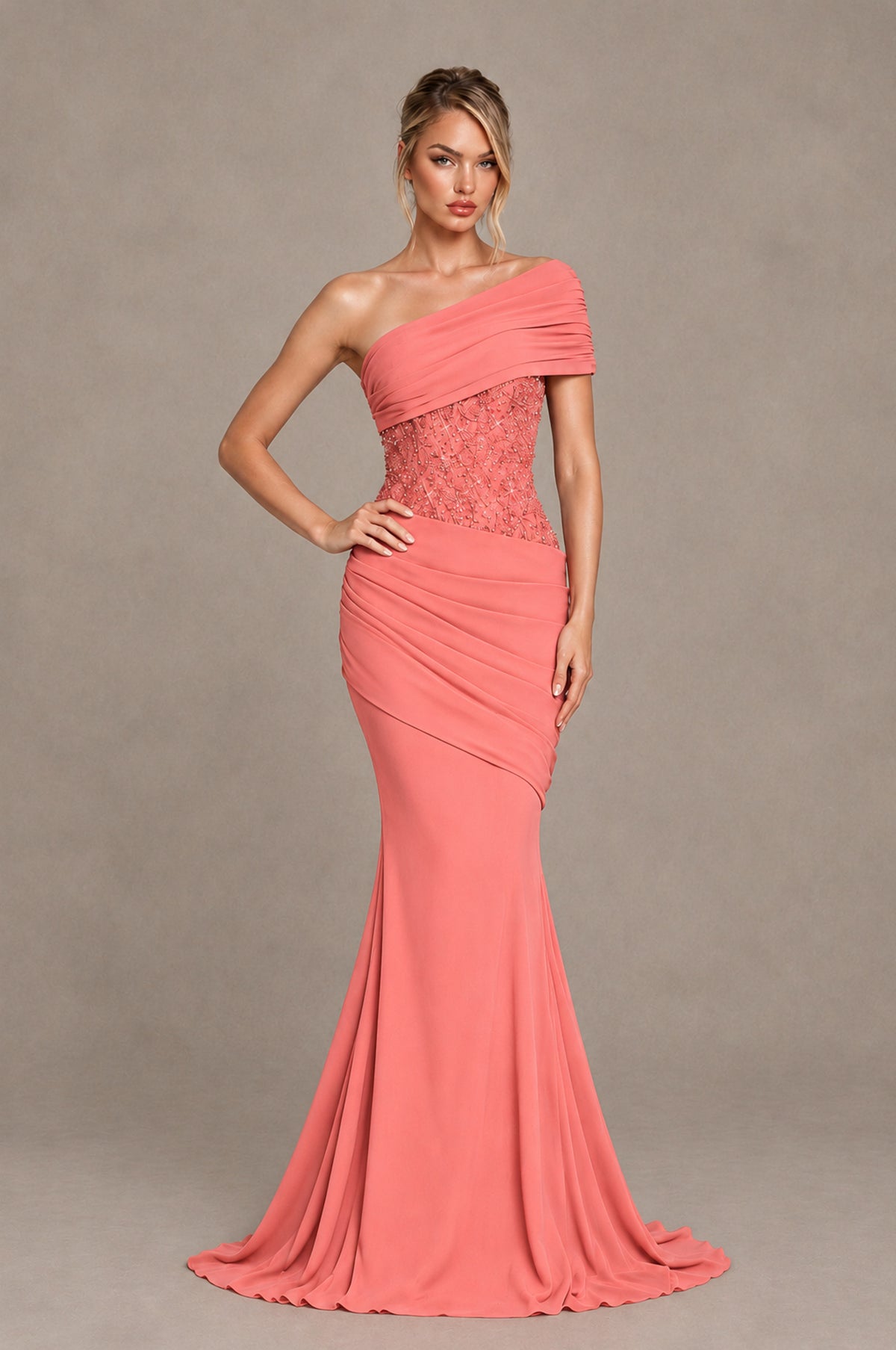 BOLODOO Coral One-Shoulder Sequin Embroidered Ruched Mermaid Gown with Train - Coral - Coral_3