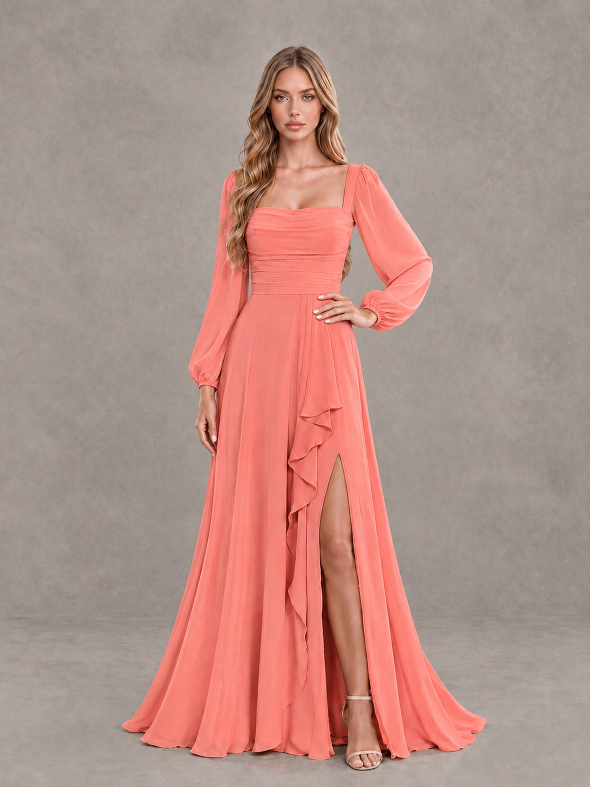 BOLODOO Coral Square Neck Long Sleeve Bridesmaid Dress with Ruffle Slit - Coral - Coral_3