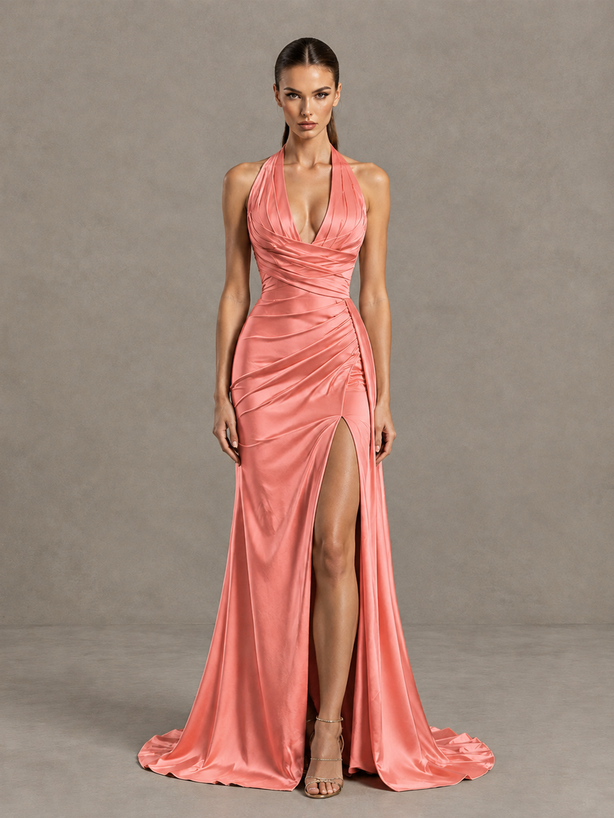 BOLODOO Coral Halter Satin Evening & Prom Dress with High Slit - Coral - Coral_3