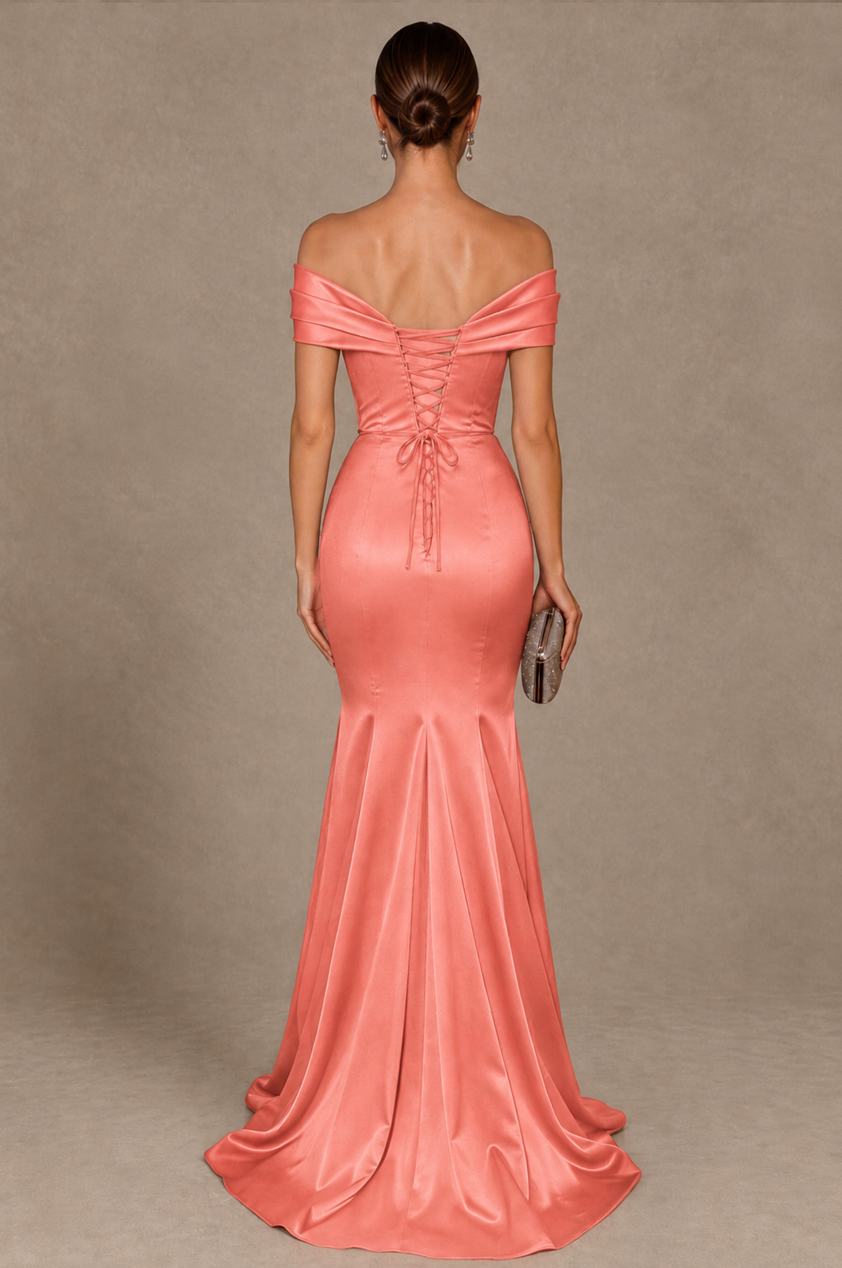 BOLODOO Coral Off-the-Shoulder Ruched Satin Mermaid Evening Dress - Coral - Coral_3