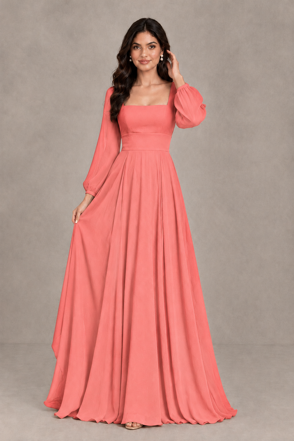 BOLODOO Coral Square Neck Long Sleeve A-Line Bridesmaid Dress - Coral - Coral_3