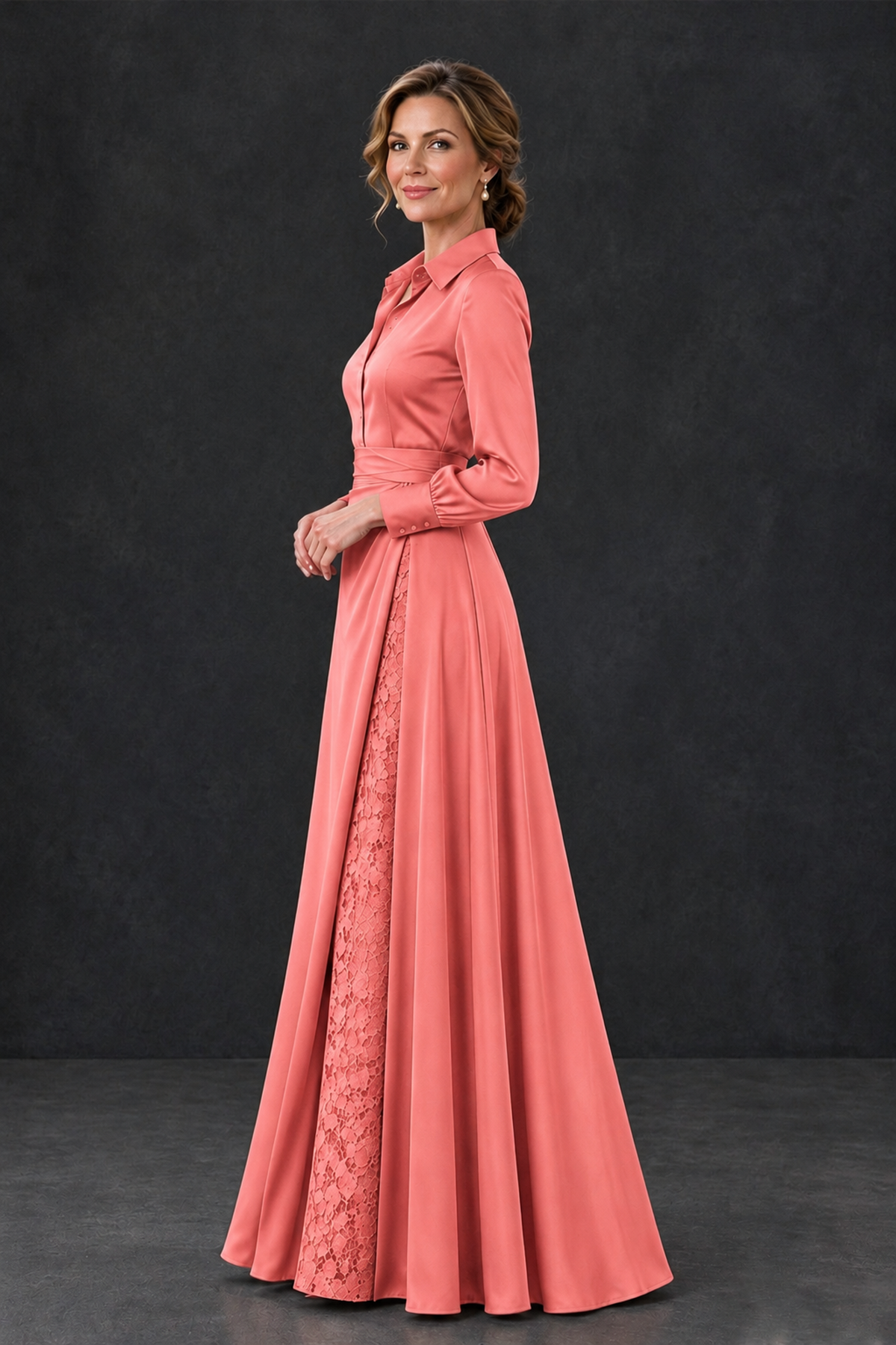 BOLODOO Coral Long Sleeve Satin-Look Lace Panel Gown - Coral - Coral_3