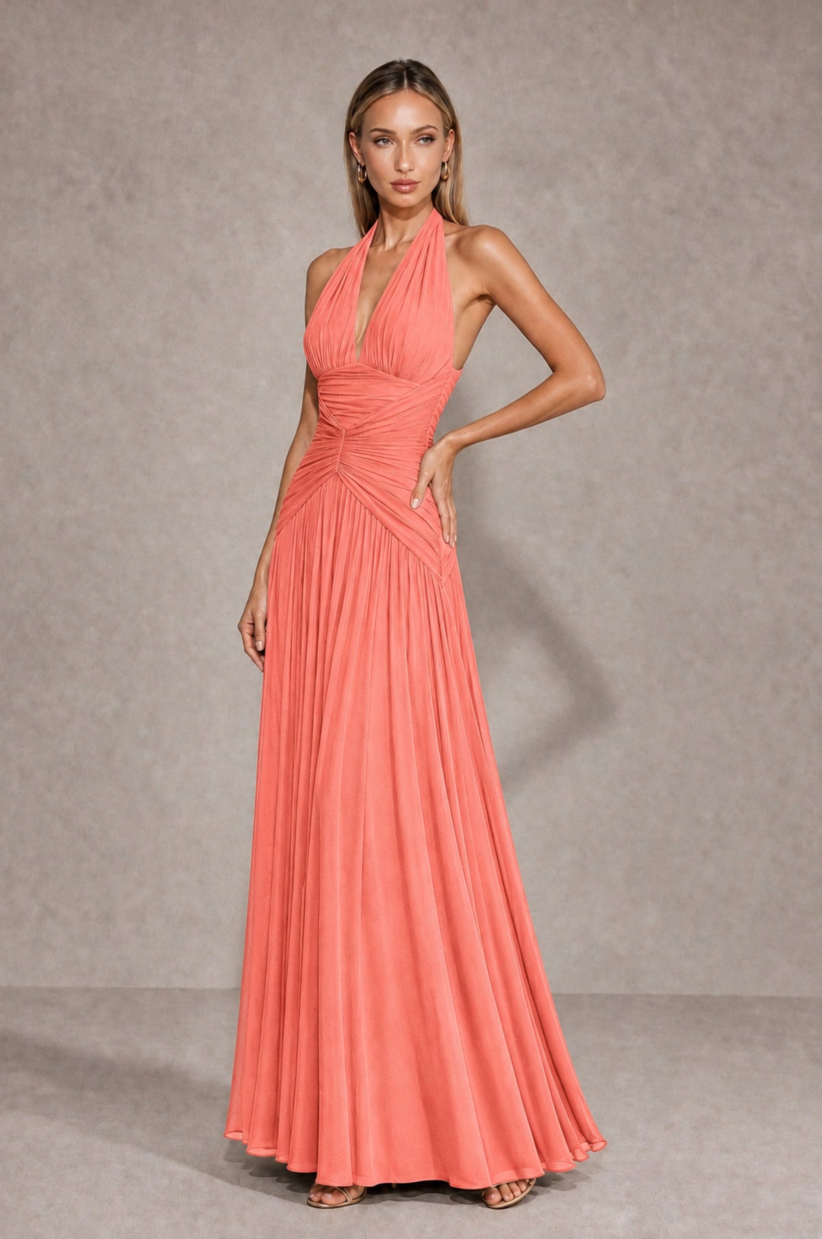 BOLODOO Coral Chiffon Halter Deep V-Neck Ruched A-Line Backless Maxi Dress with Train-BD0167 - Coral - Coral_3