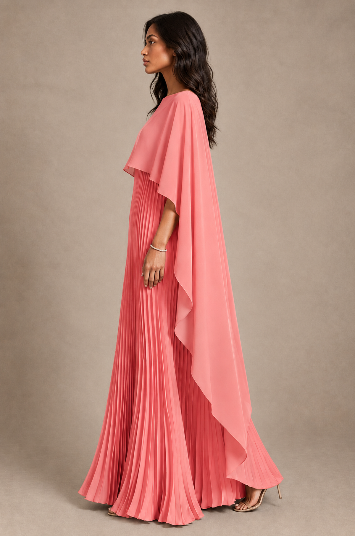 BOLODOO Coral Pleated Cape A-Line Evening Dress - Coral - Coral_3