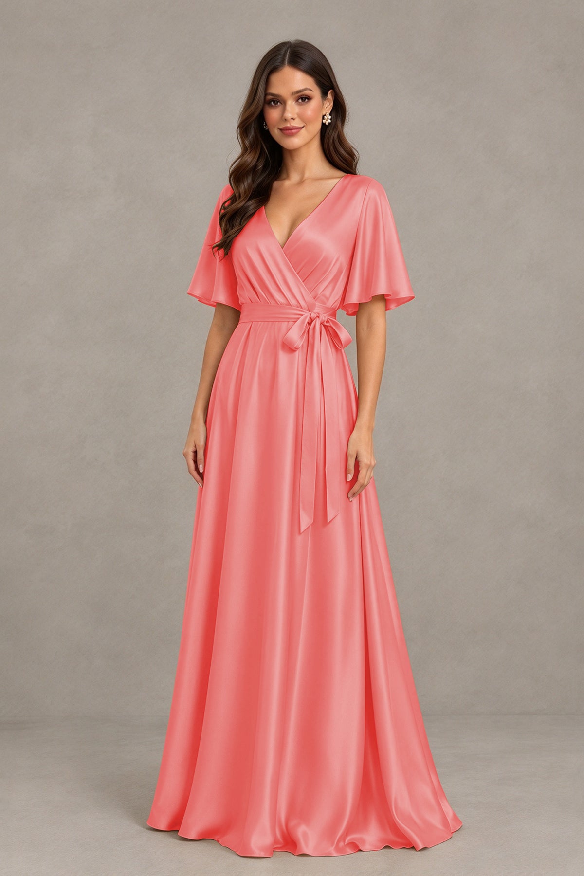 BOLODOO Coral Satin V-Neck Flutter Sleeve Bridesmaid Dress with Slit - Coral - Coral(3)