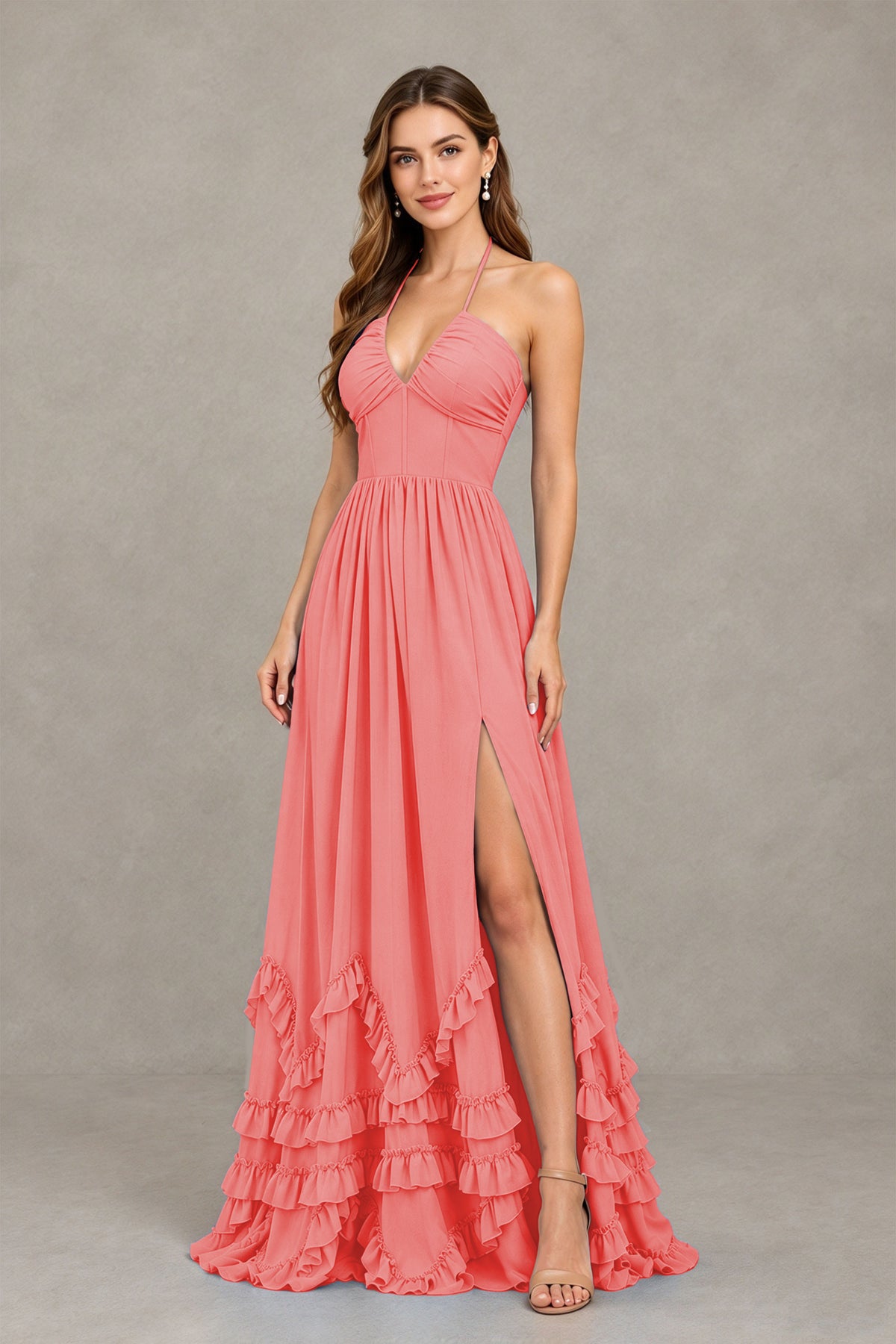 BOLODOO Coral Halter Ruffle Hem A-Line Bridesmaid Dress with High Slit - Coral - Coral(3)