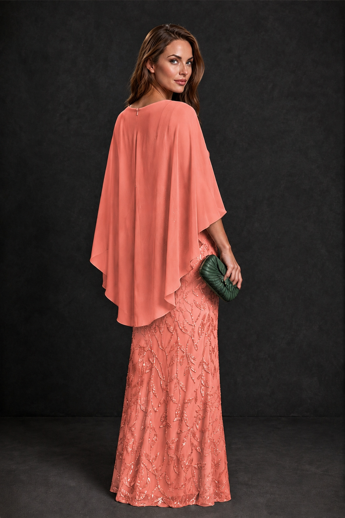 BOLODOO Coral Round Neck Chiffon Cape Overlay Sequin Lace Mermaid Maxi Dress - Coral - Coral_3