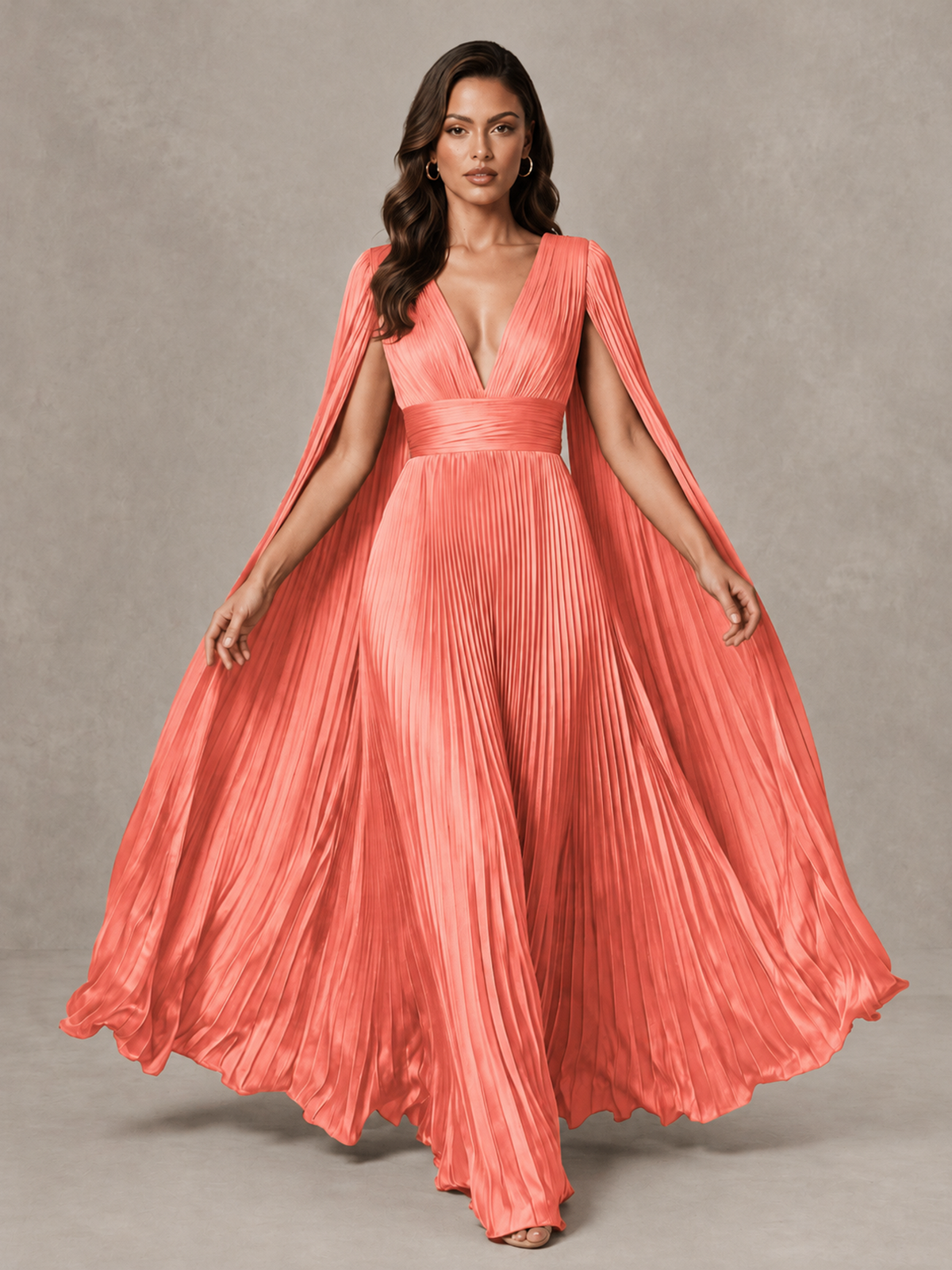 BOLODOO Coral Deep V-Neck Pleated Cape Sleeve Evening Gown - Coral - Coral_3