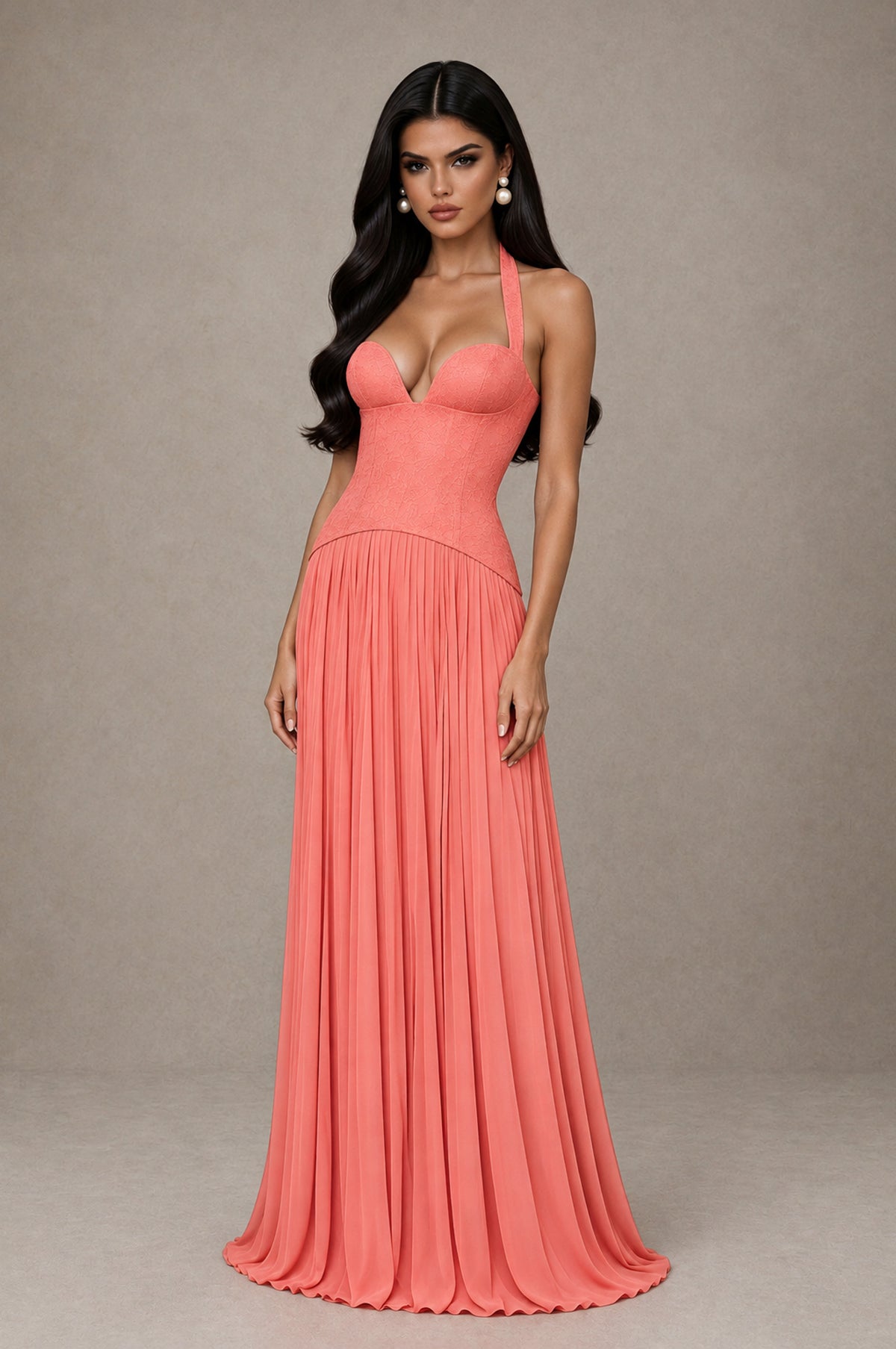 BOLODOO Coral Halter Corset Pleated A-Line Evening Dress - Coral - Coral_3