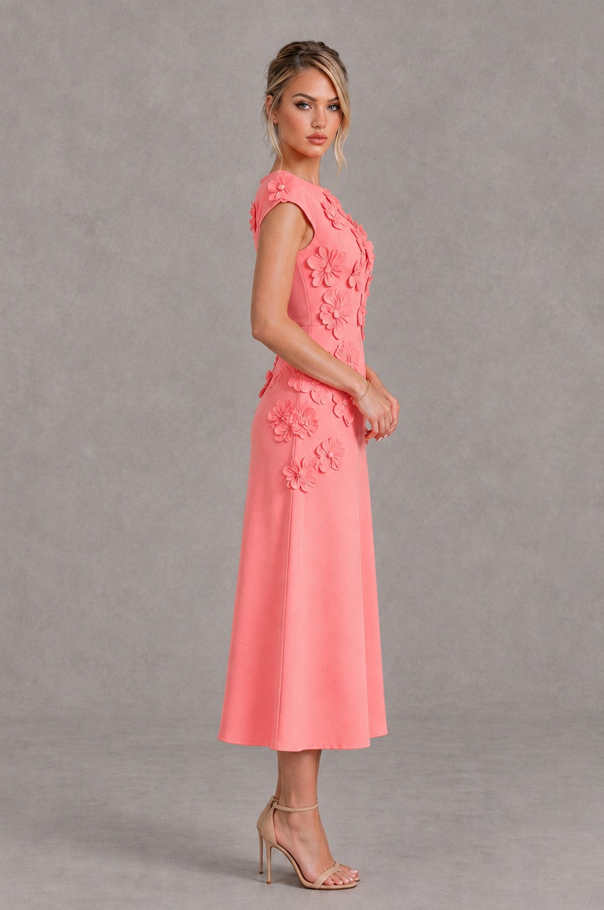 BOLODOO Coral 3D Floral Cap Sleeve Midi Cocktail Dress - Coral - Coral_3