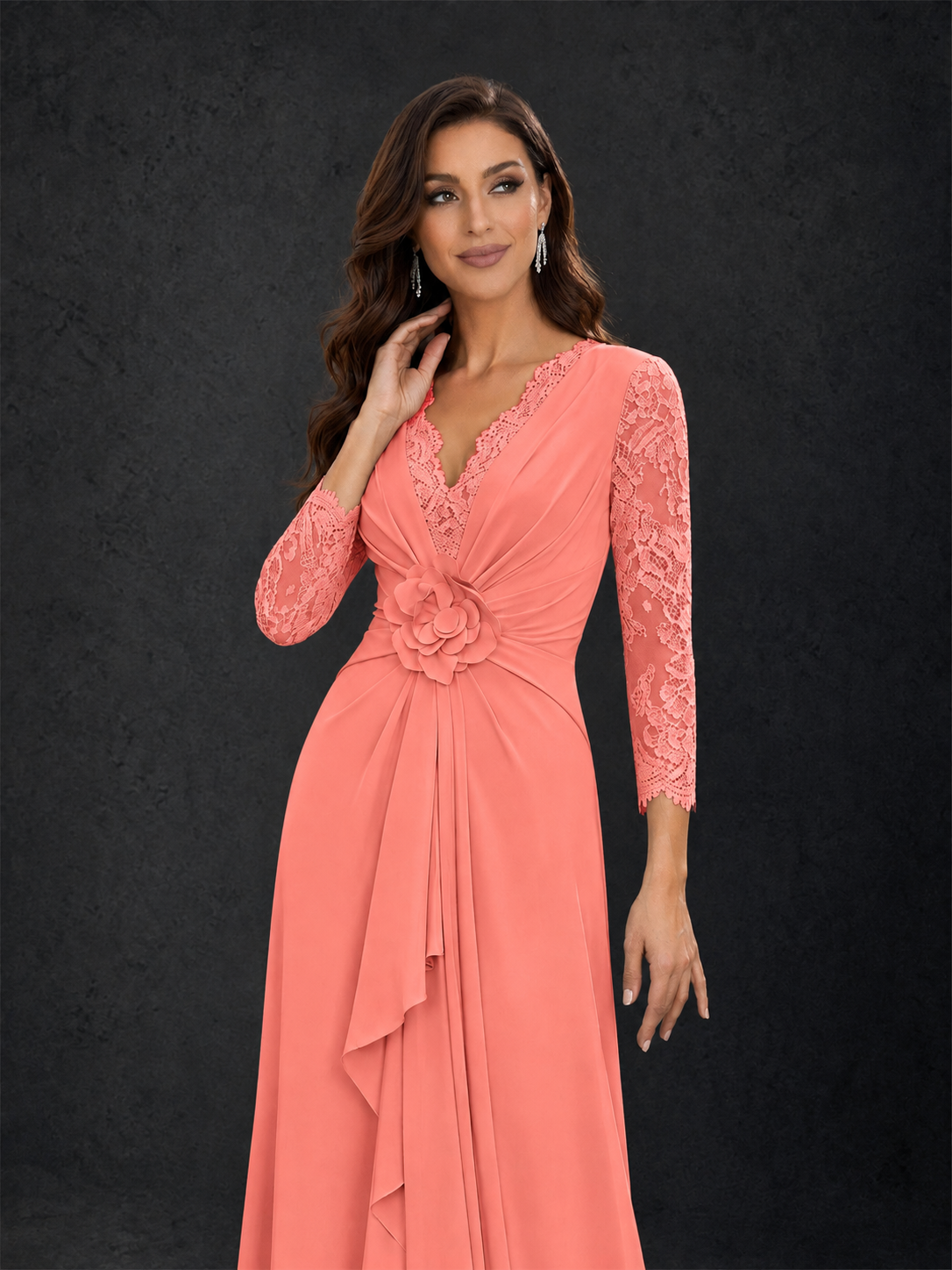 BOLODOO Coral Lace Sleeve V-Neck Floral Waist Chiffon A-Line Maxi Dress - Coral