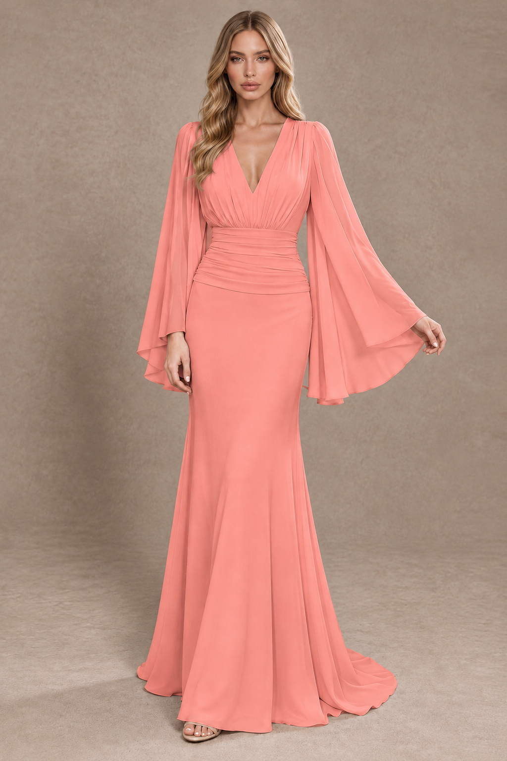 BOLODOO Coral Cape Sleeve V-Neck Ruched Chiffon Evening Dress - Coral - Coral_3