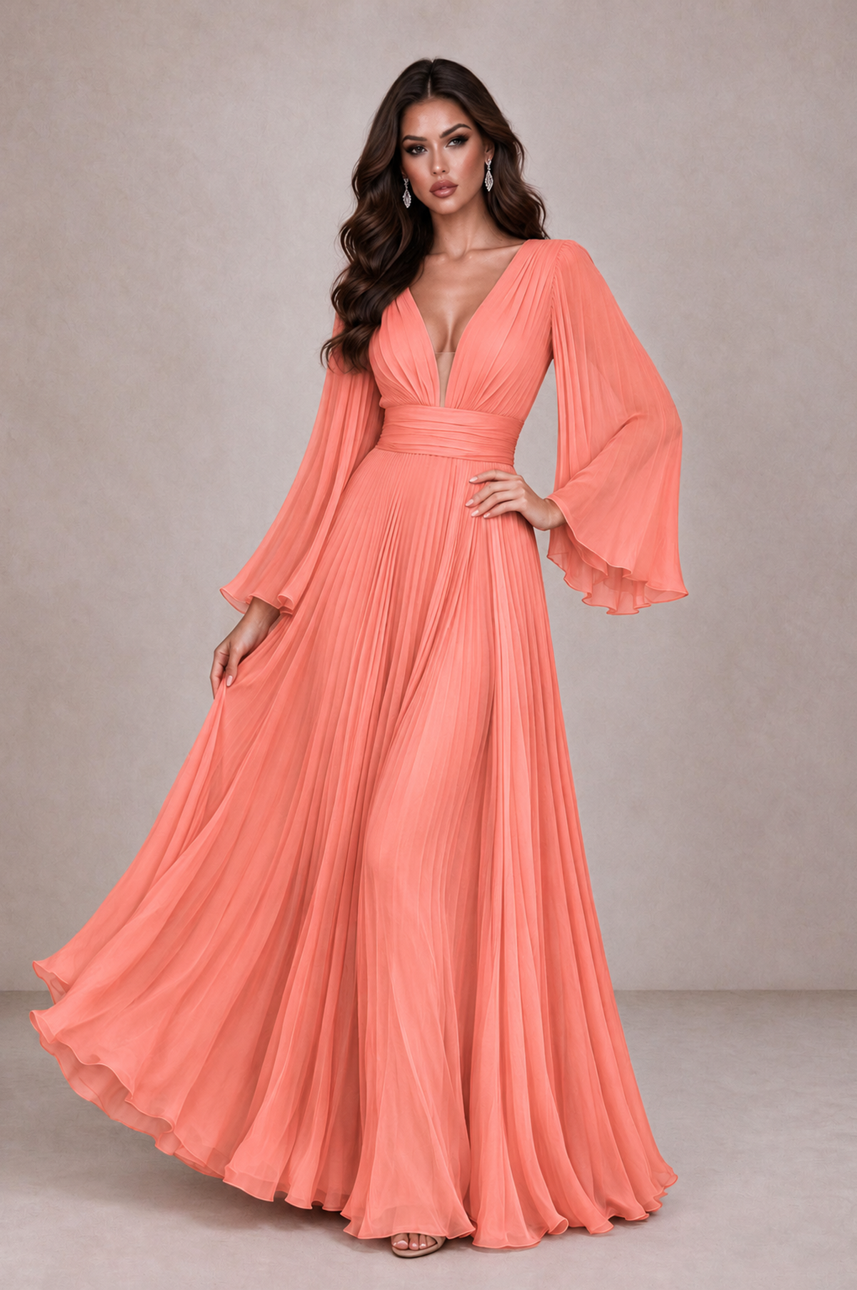 BOLODOO Coral Pleated Deep V-Neck Long Bell Sleeve Evening Dress - Coral - Coral_3