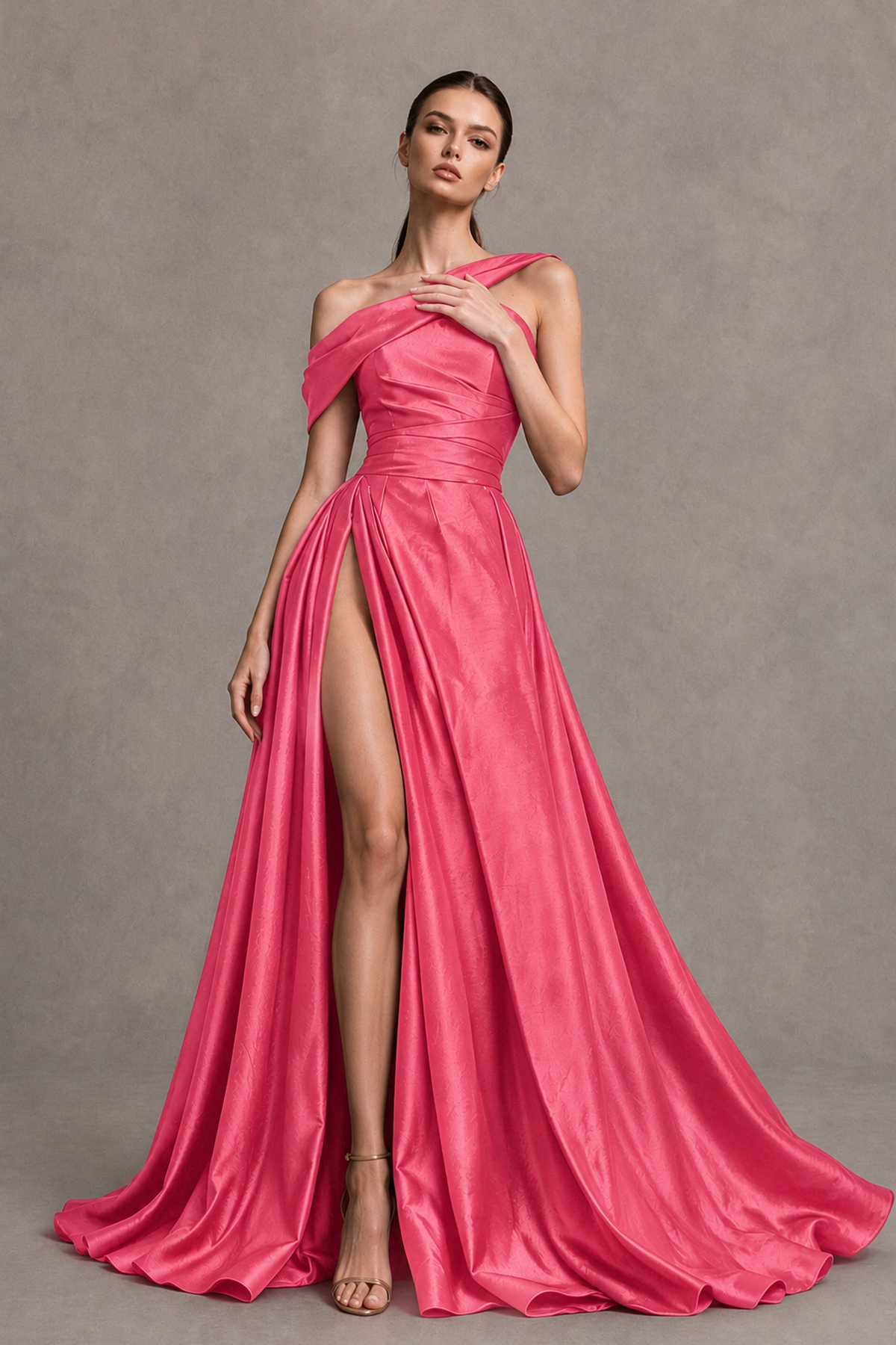 BOLODOO Coral Asymmetric Satin-Look A-Line Prom Dress with High Slit - Coral - Coral_3