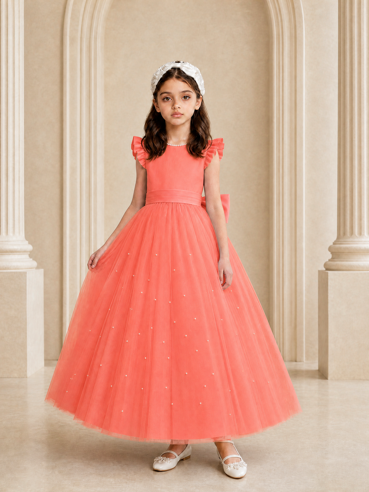 BOLODOO Coral Tulle Flower Girl Dress with Ruffle Sleeves & Bow Back - Coral - Coral_3