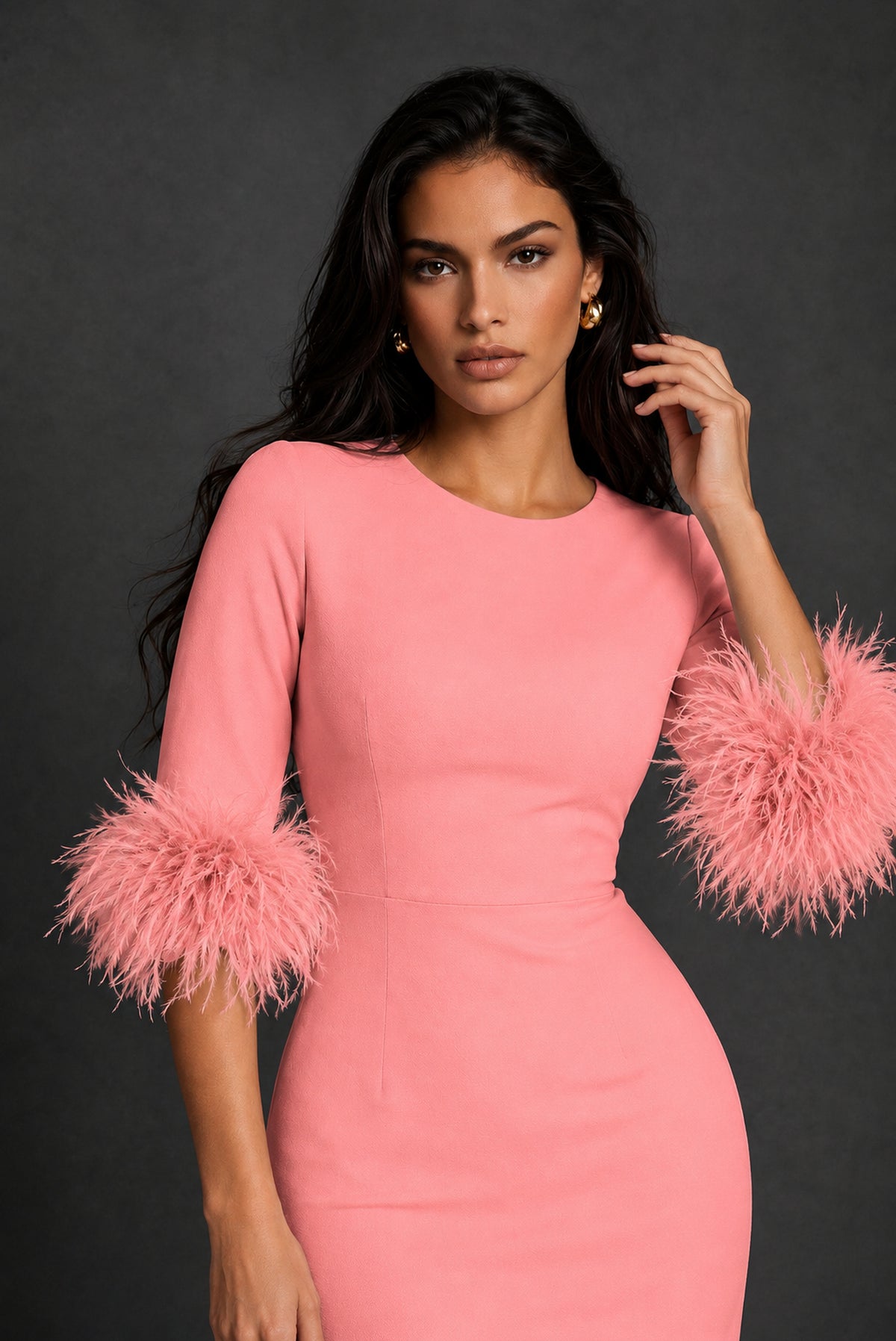 BOLODOO Coral Ostrich Feather Cuff 3/4 Sleeve Round Neck Bodycon Midi Dress with Back Slit - Coral