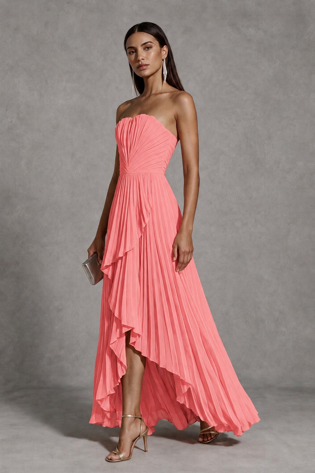 Coral Strapless Pleated High-Low Evening Gown with Ruffle Hem - Coral