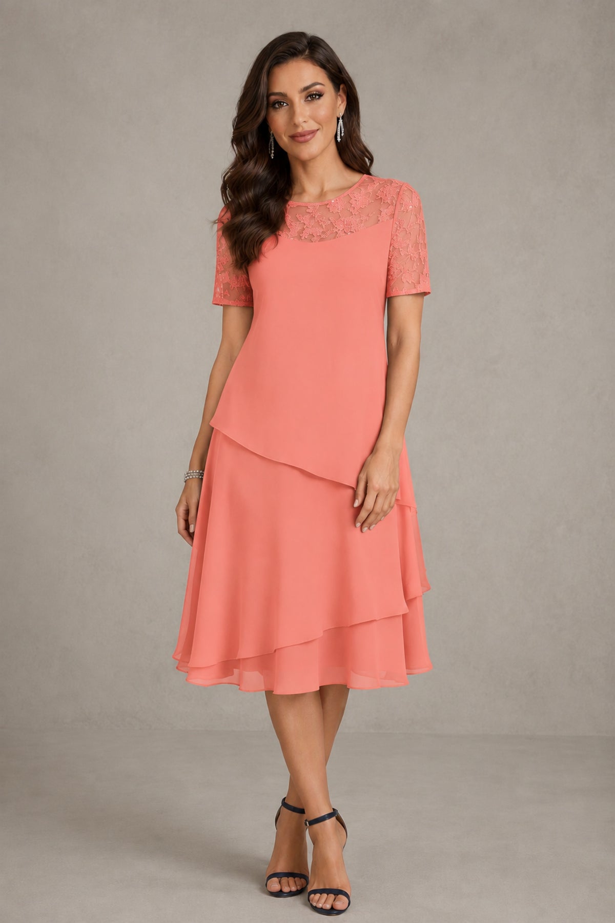 BOLODOO Coral Illusion Lace Short Sleeve Tiered Chiffon Tea Length Dress | Mother of the Bride Midi Dress - Coral