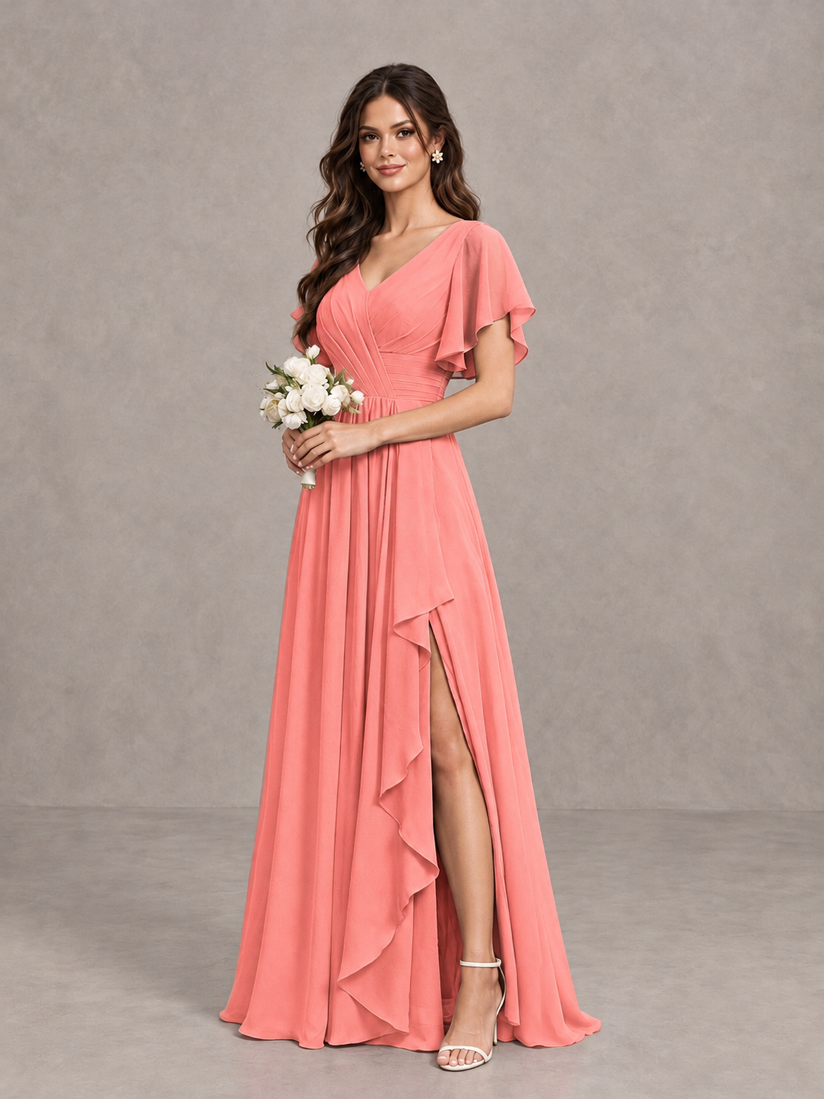 BOLODOO Coral Flutter Sleeve V-Neck Bridesmaid Dress with Ruffle Slit - Coral - Coral_3