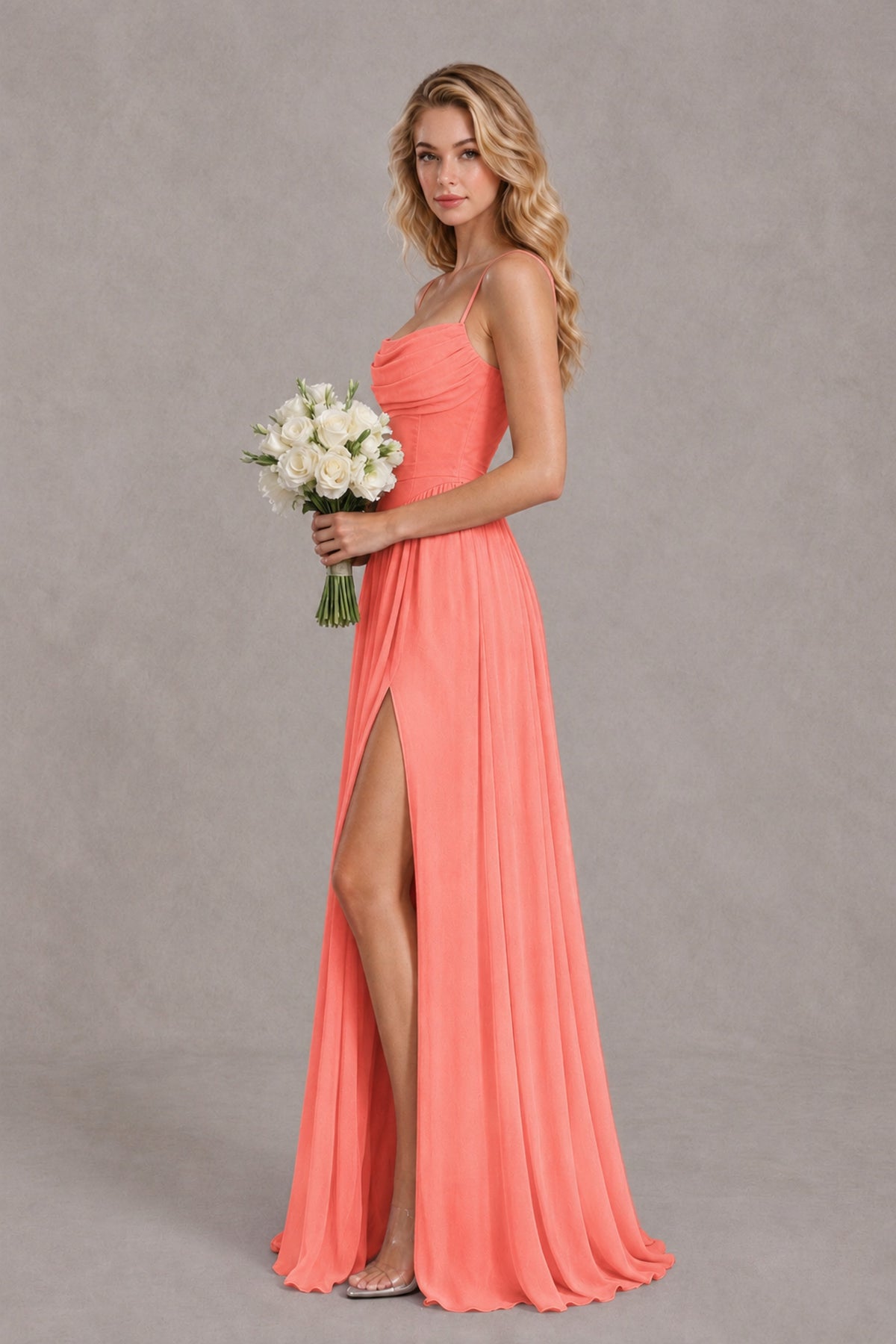 BOLODOO Coral Spaghetti Strap A-Line Bridesmaid Dress with Slit - Coral - Coral_3