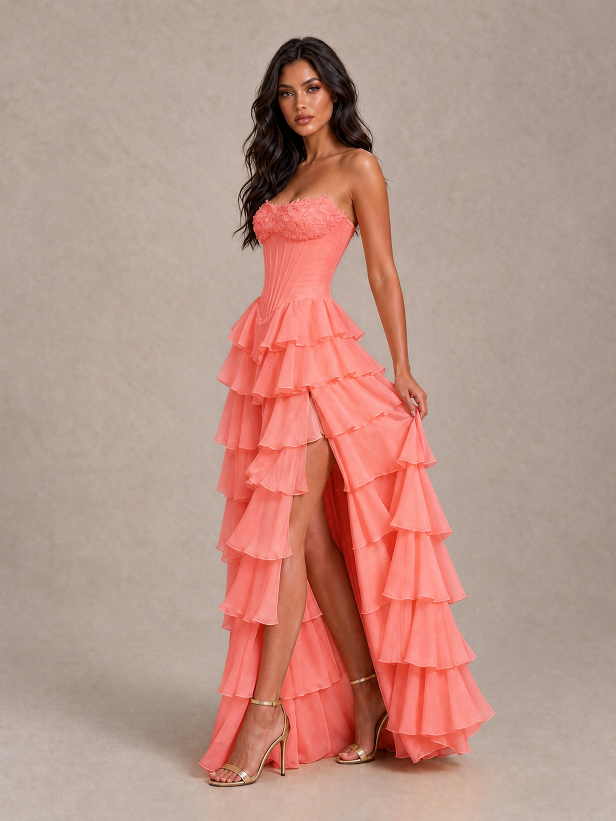 BOLODOO Coral Strapless Corset Tiered Ruffle Prom Dress with High Slit - Coral - Coral_3