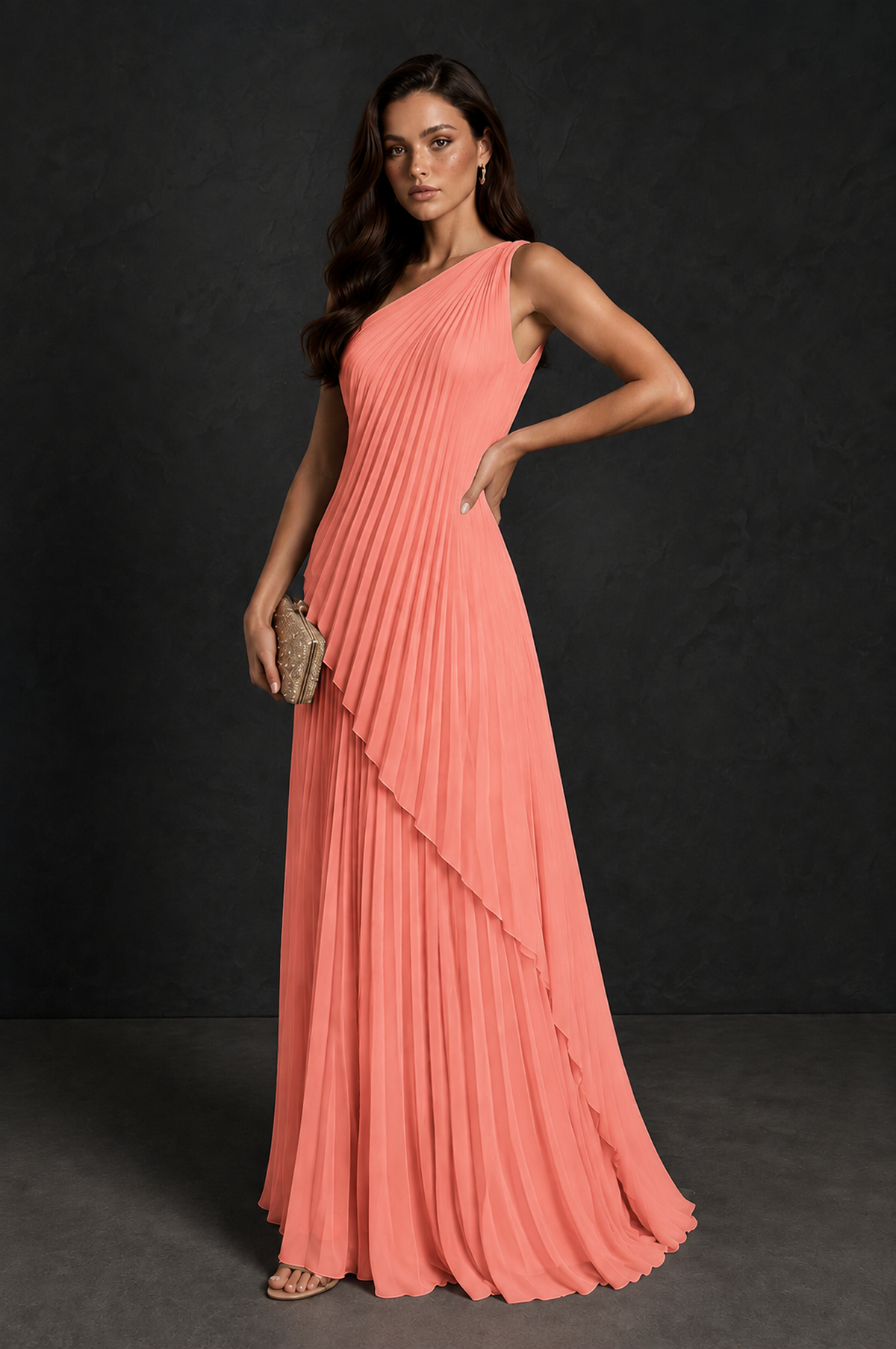 BOLODOO Coral One-Shoulder Sunburst Pleated Asymmetric Layered Overlay Accordion Pleated Chiffon Maxi Dress - Coral