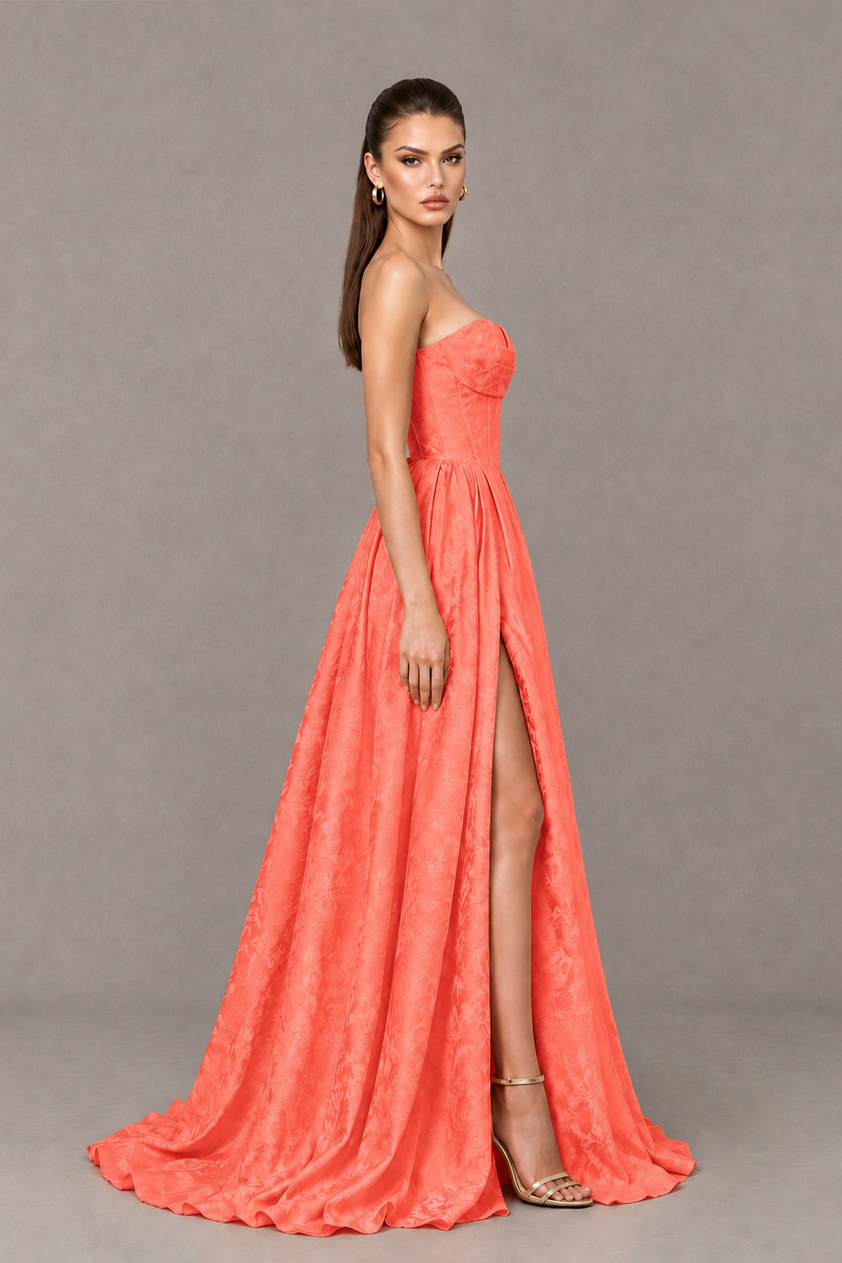 BOLODOO Coral Strapless Sweetheart Corset Prom Dress with High Slit – Lace-Up Back A-Line Evening Gown - Coral - Coral_3
