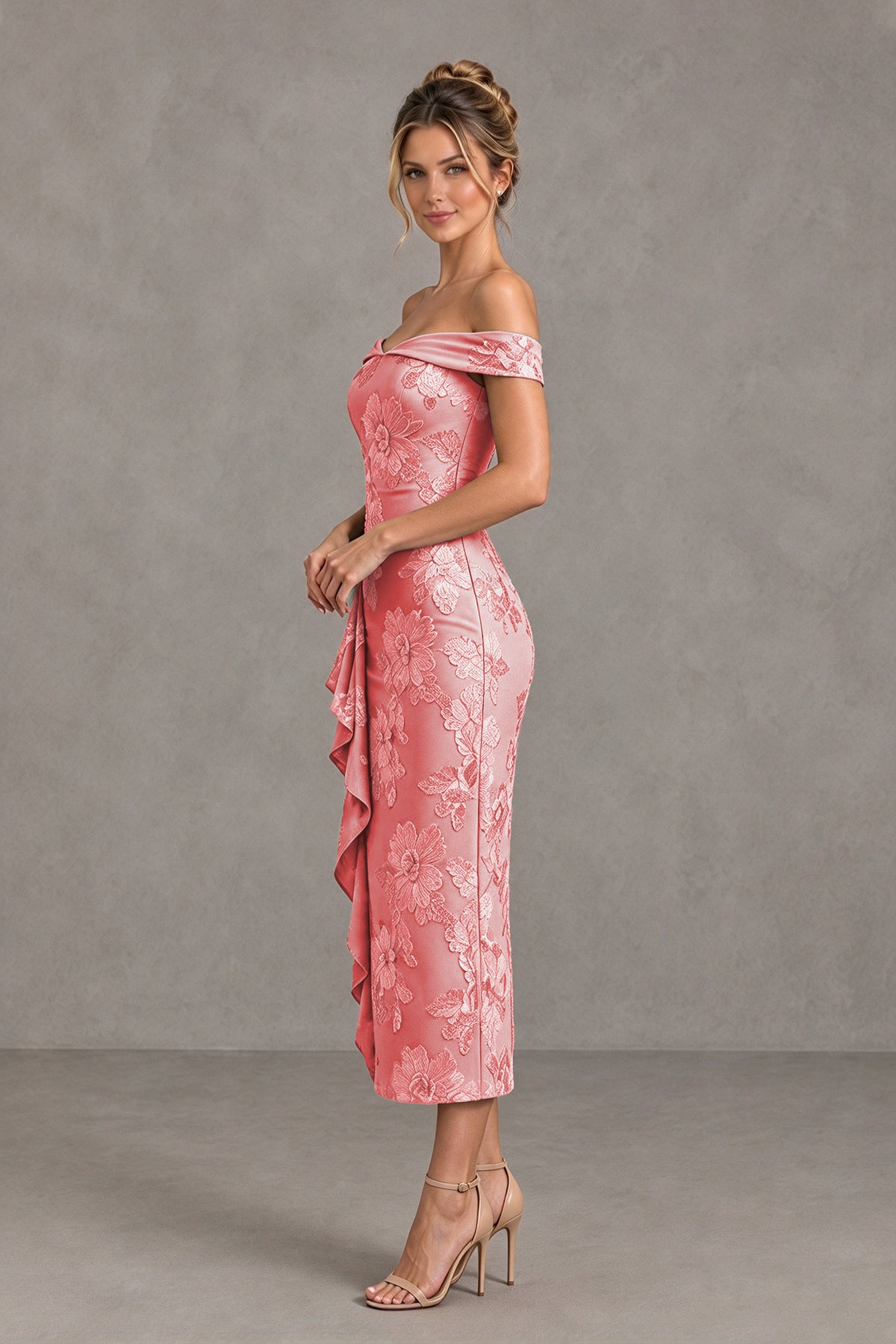 BOLODOO Coral Off Shoulder Floral Jacquard Midi Dress - Coral - Coral(3)