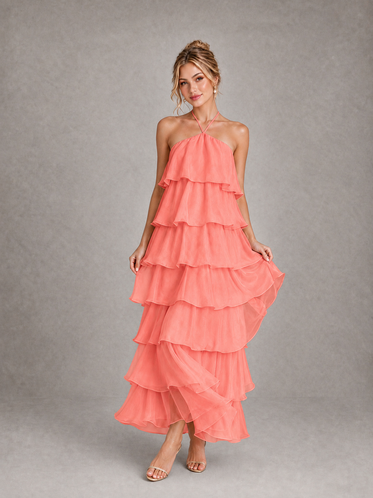 BOLODOO Coral Halter Tiered Ruffle Maxi Bridesmaid Dress - Coral - Coral_3