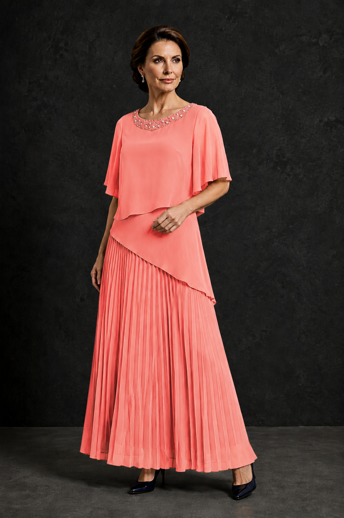 BOLODOO Coral Pearl Beaded Neck Asymmetric Tiered Flutter Sleeve Pleated Chiffon Maxi Dress - Coral - Coral_3