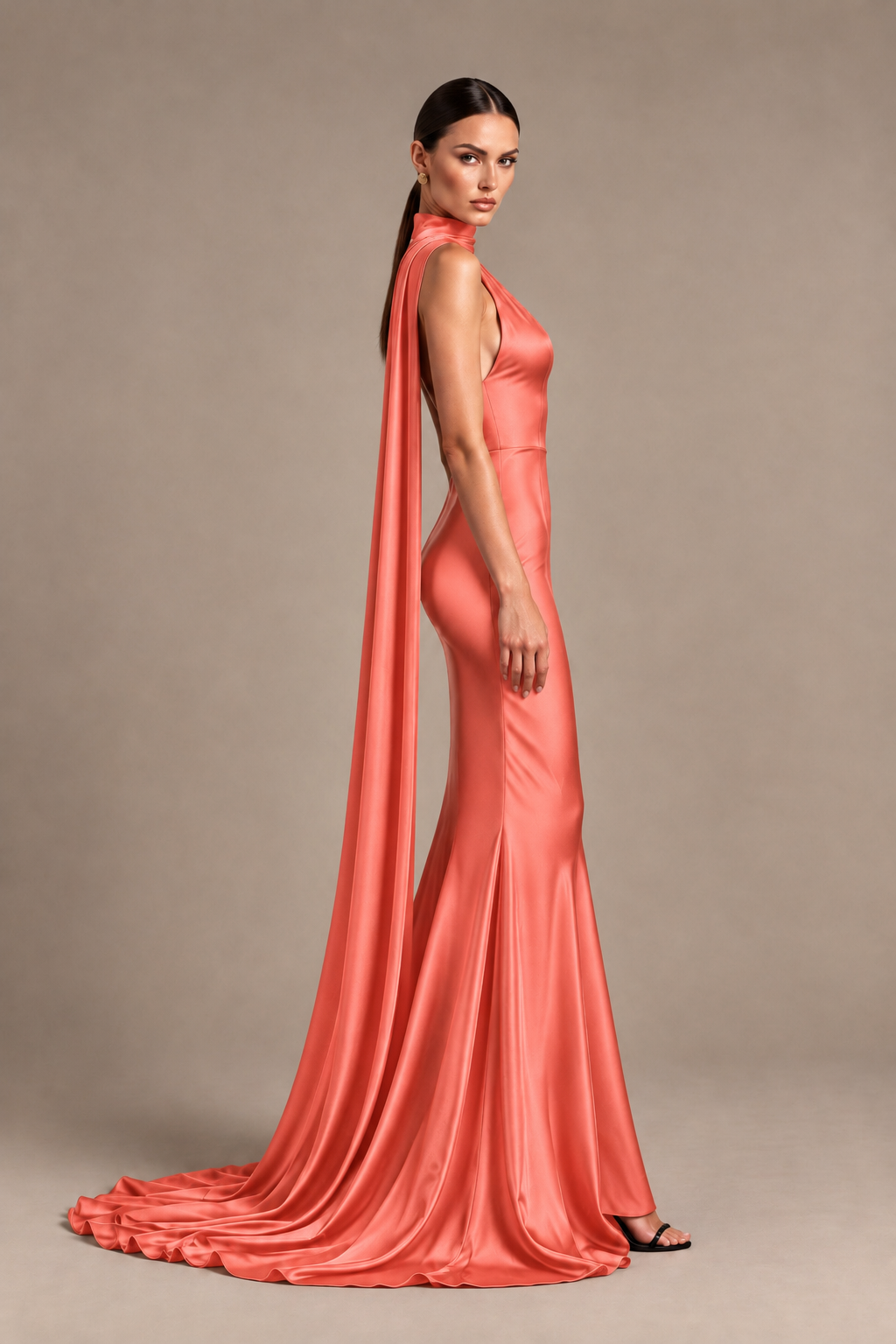 BOLODOO Coral One-Shoulder Satin Mermaid Evening Dress with Scarf - Coral - Coral_3