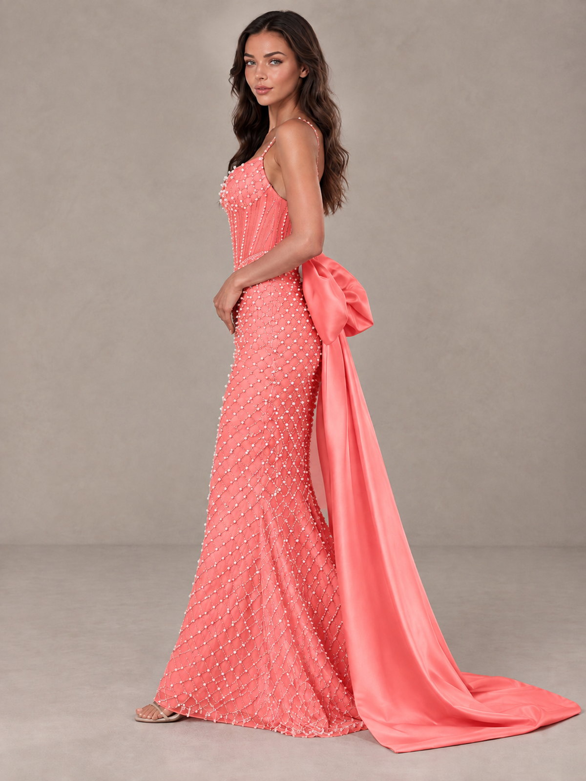 BOLODOO Coral Beaded Corset Prom Dress with Bow Train - Coral - Coral_3